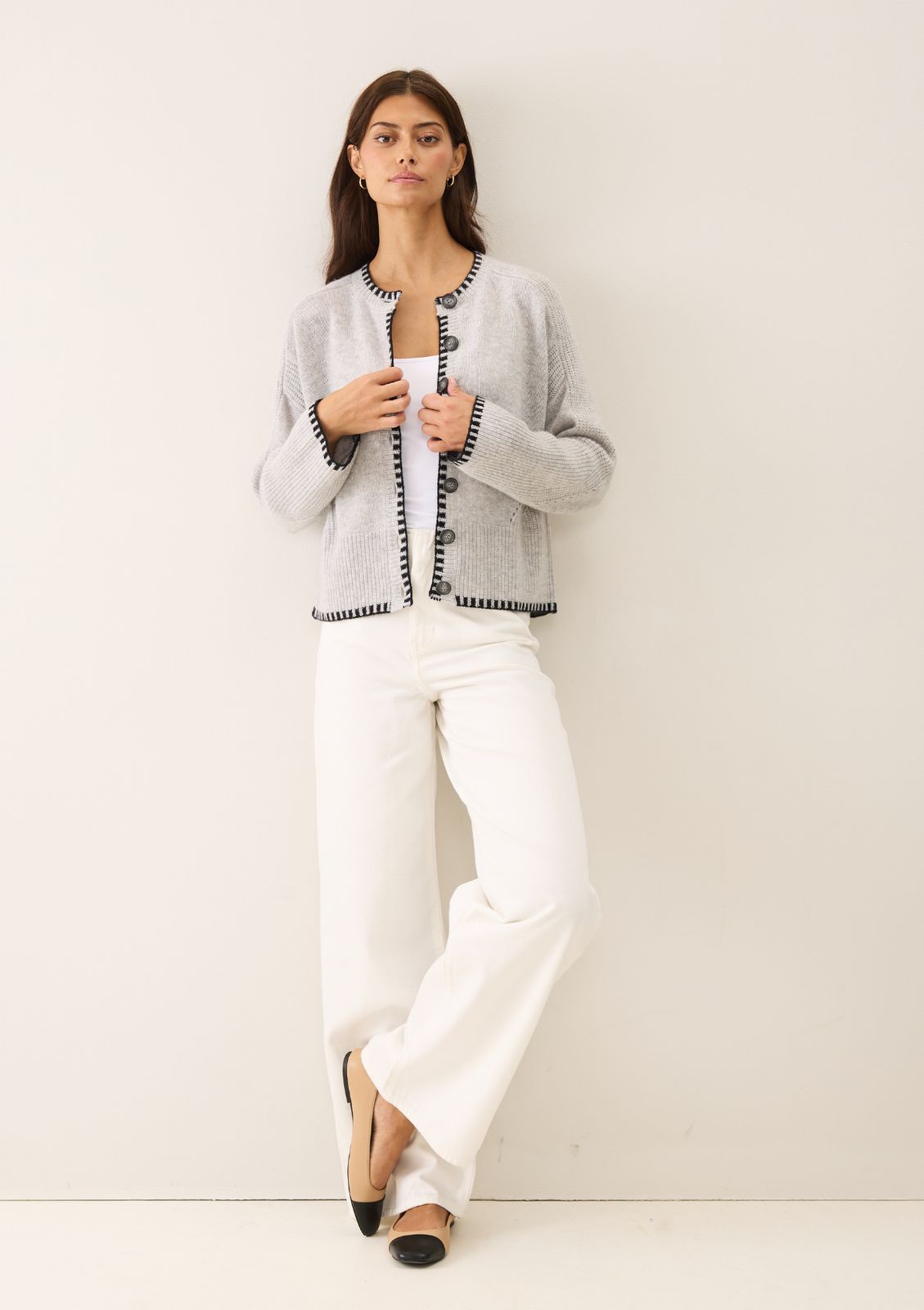 Cashmere Blanket Stitch Cardigan in Mist Grey