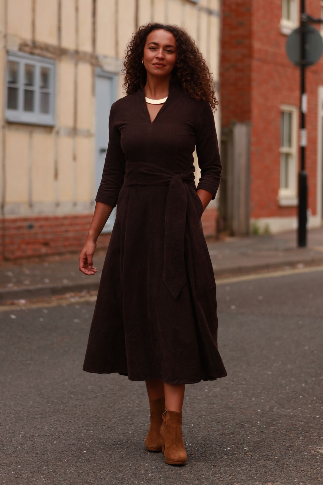 Chelsea Corduroy Midi Dress in Chocolate