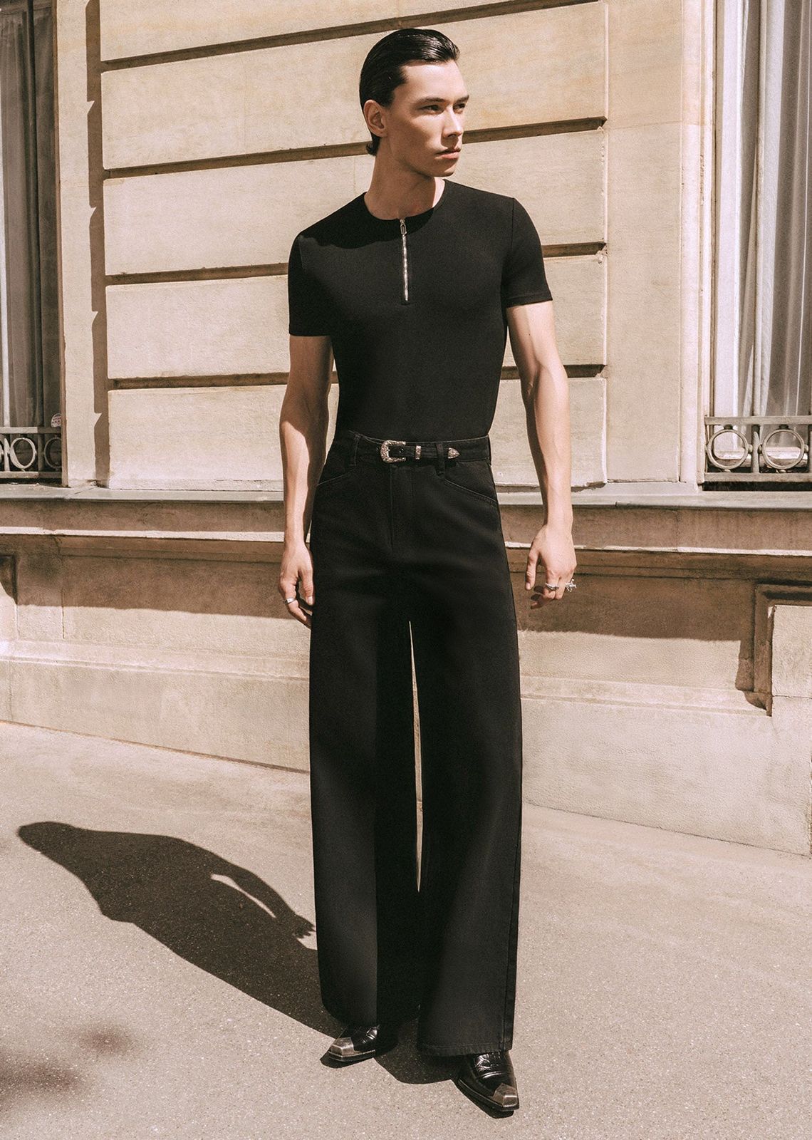 Black Denim Western Belt Wide Leg Flare Jeans