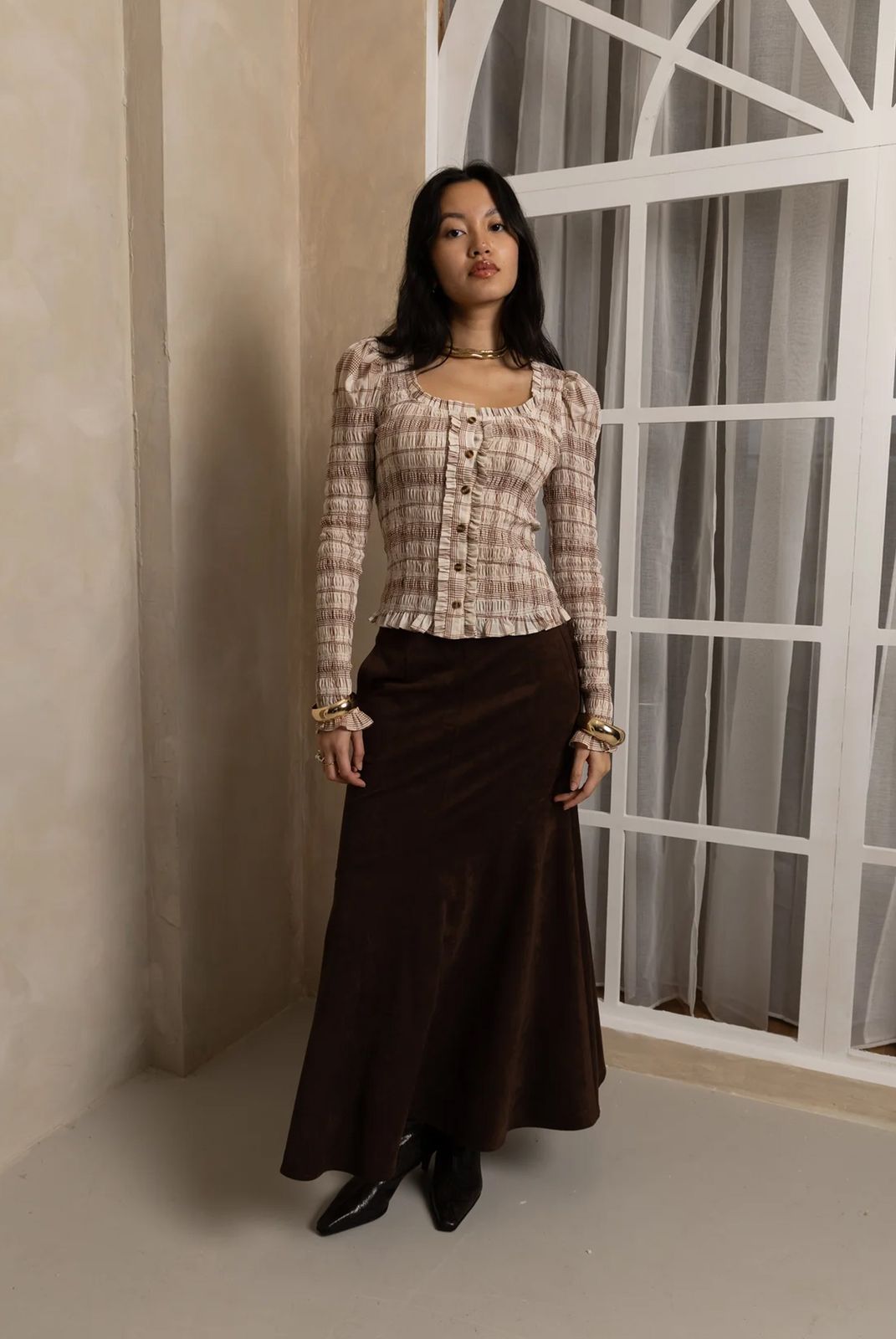 Maisie Smocked Cotton Blouse in Windowpane Check