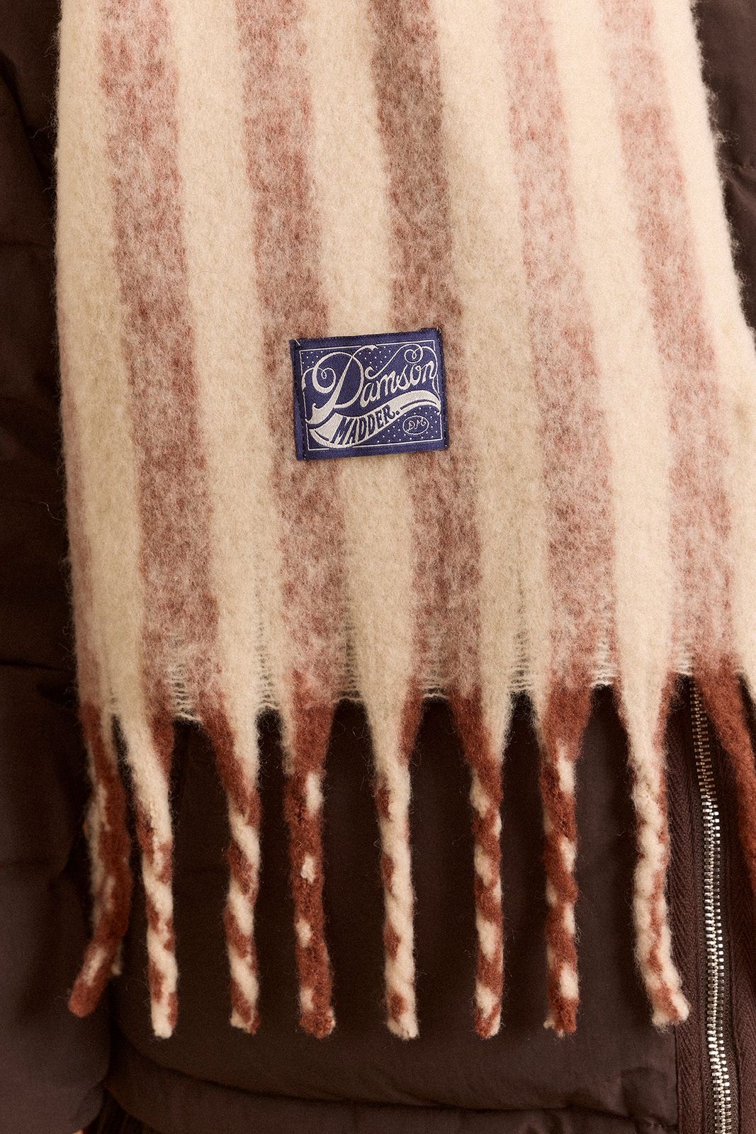 Brushed Fluffy Wool Blend Scarf - Choc & Ecru Stripe