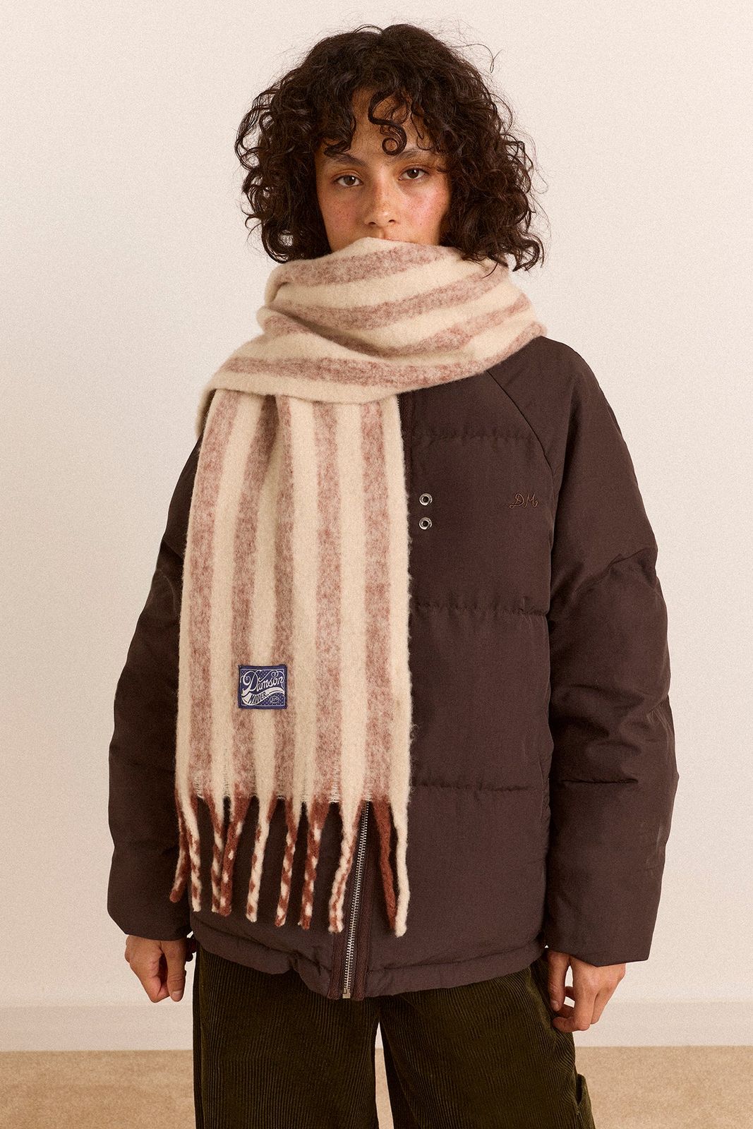 Brushed Fluffy Wool Blend Scarf - Choc & Ecru Stripe