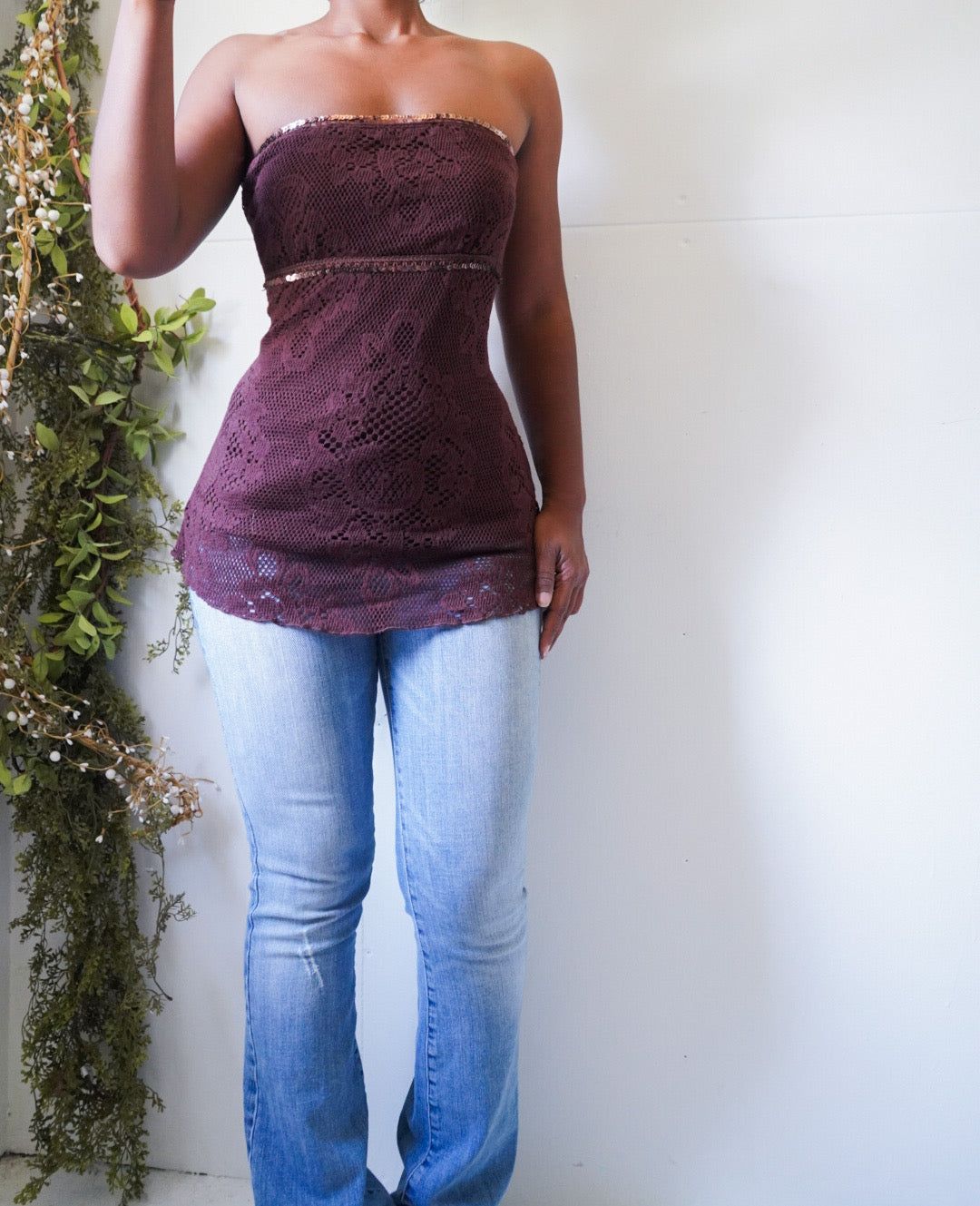 Vintage Y2K Brown Lace Knit Tube Top