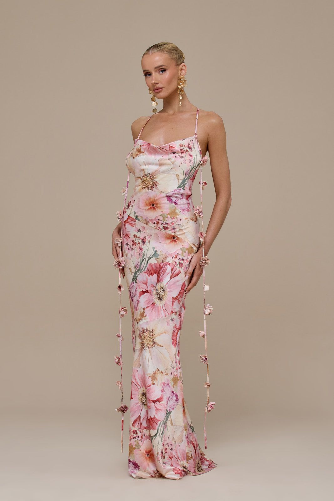ARIA SATIN COWL NECK MAXI DRESS WITH FLOWER DETAIL | FLORAL PRINT