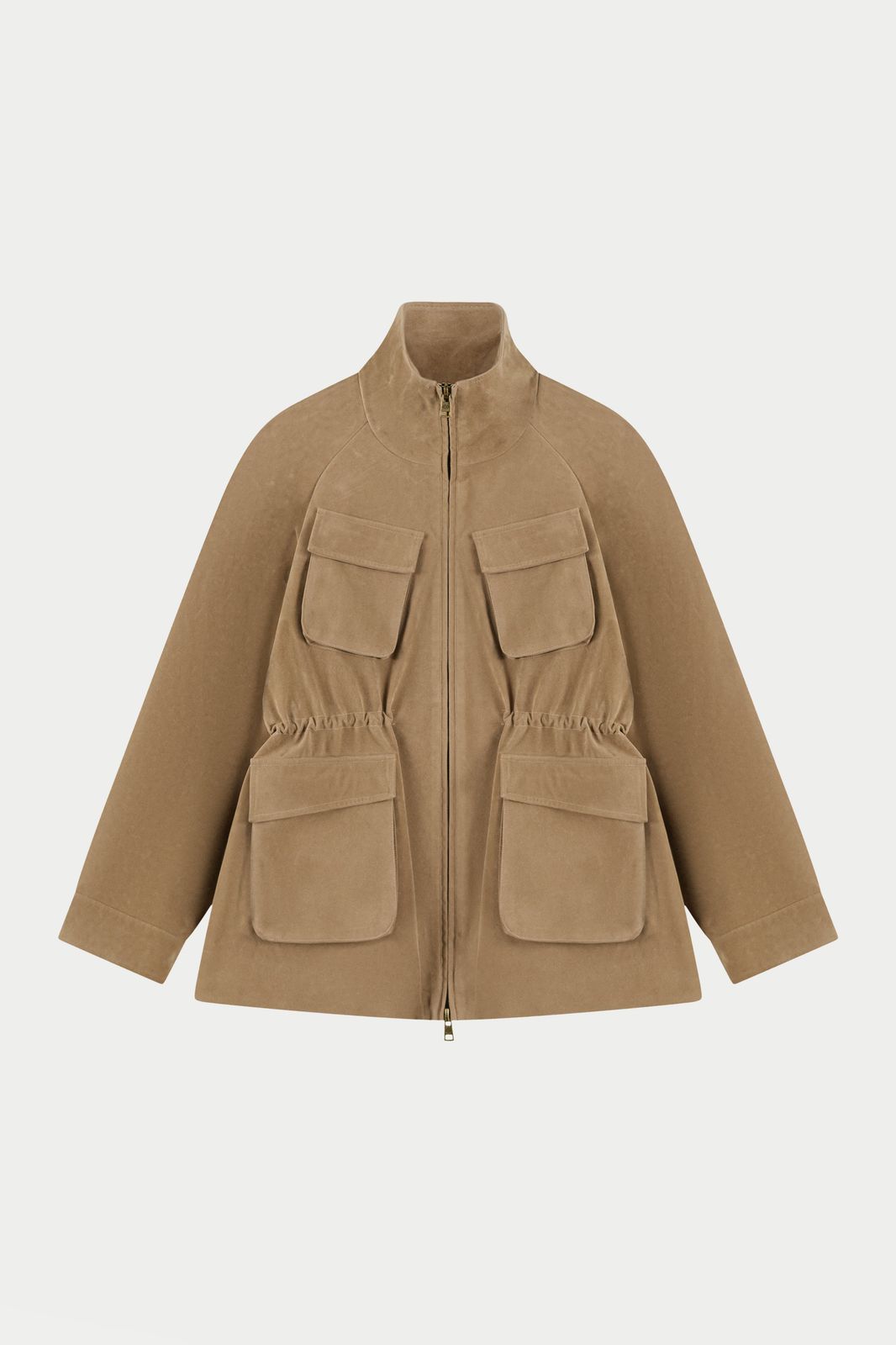 FAUX SUEDE BELLOW POCKET RUCHED WAIST JACKET - BEIGE