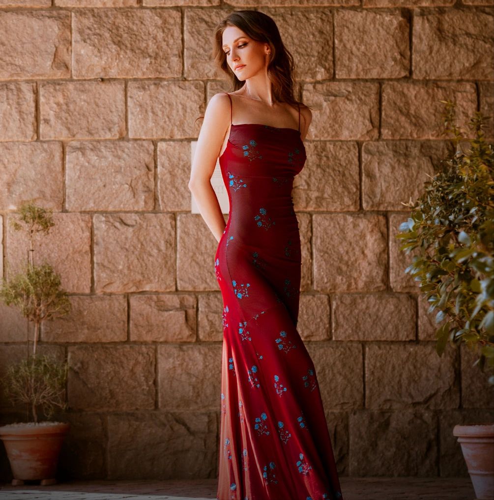 Turquoise and Red Layered Glitter Floral Gown