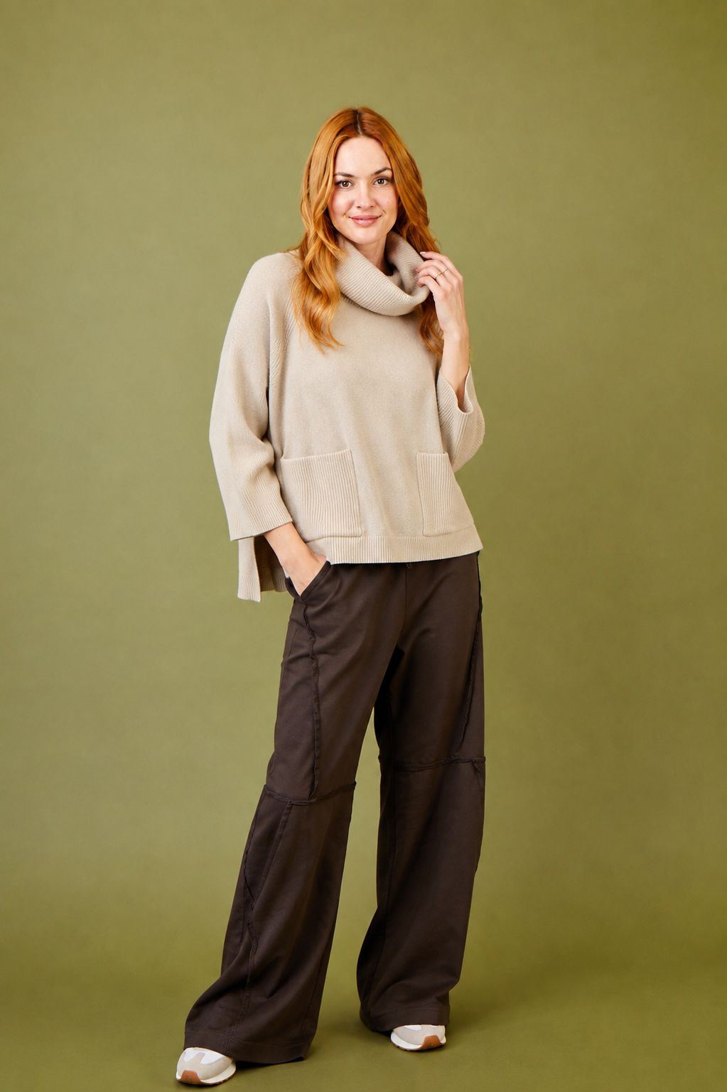 Tessy Cowl Neck Knit Sweater With Pocket Detail