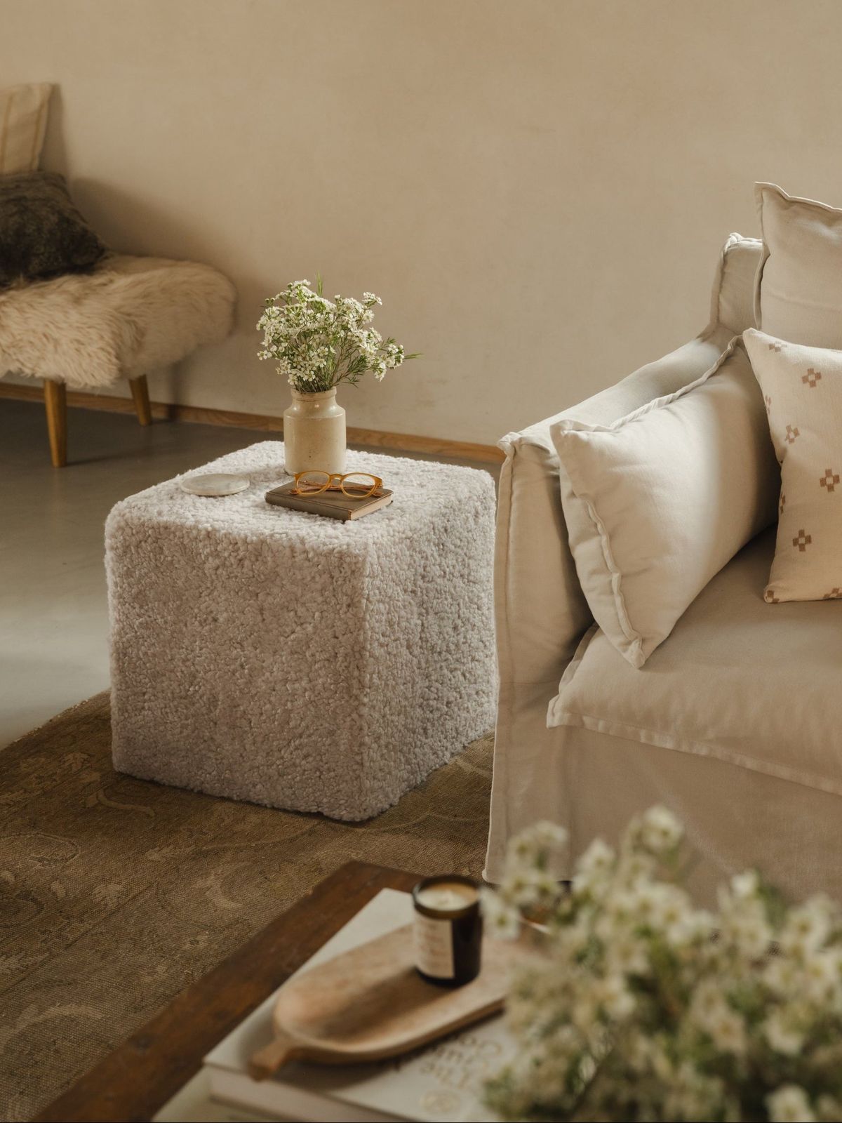 Square Shearling Pouffe - Moonlight