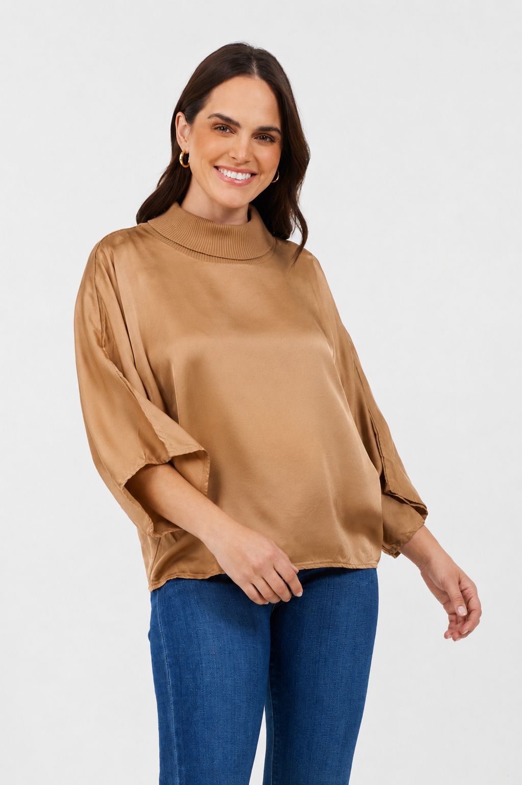 Jonah Satin Batwing Top With Ribbed Neck