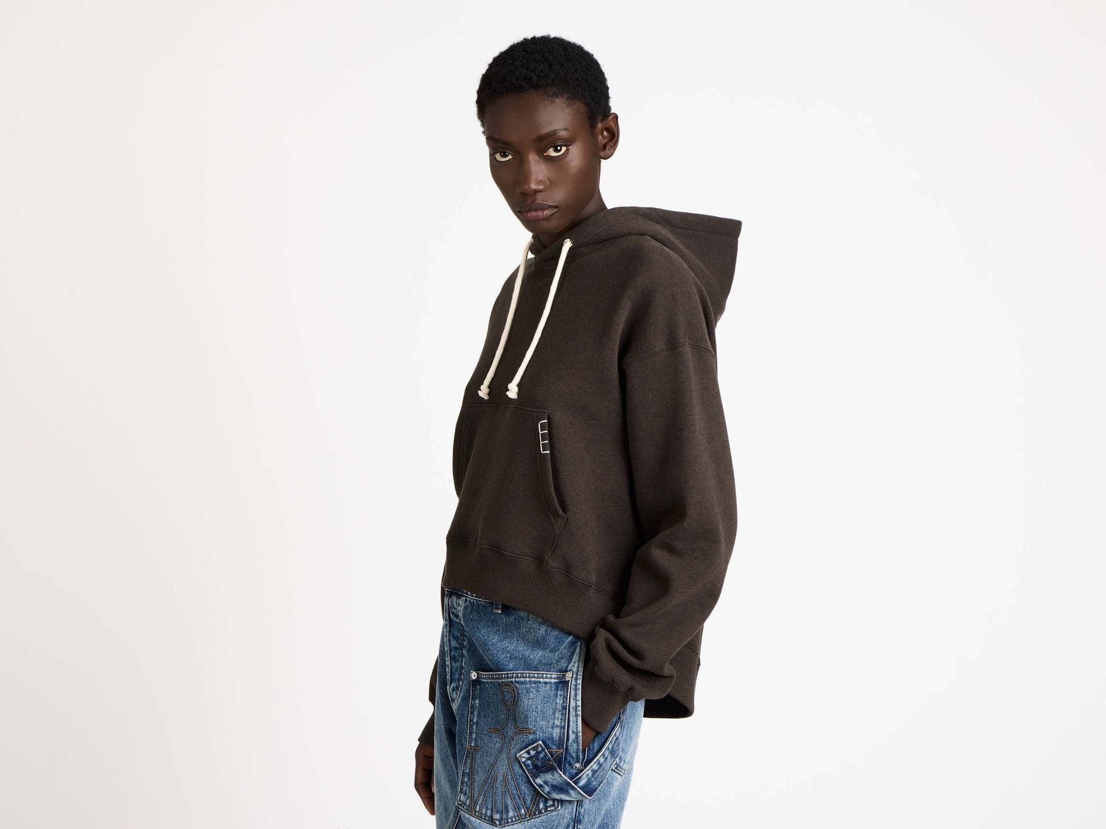 WOMENS CURVED HEM HOODIE IN DARK BROWN MELANGE