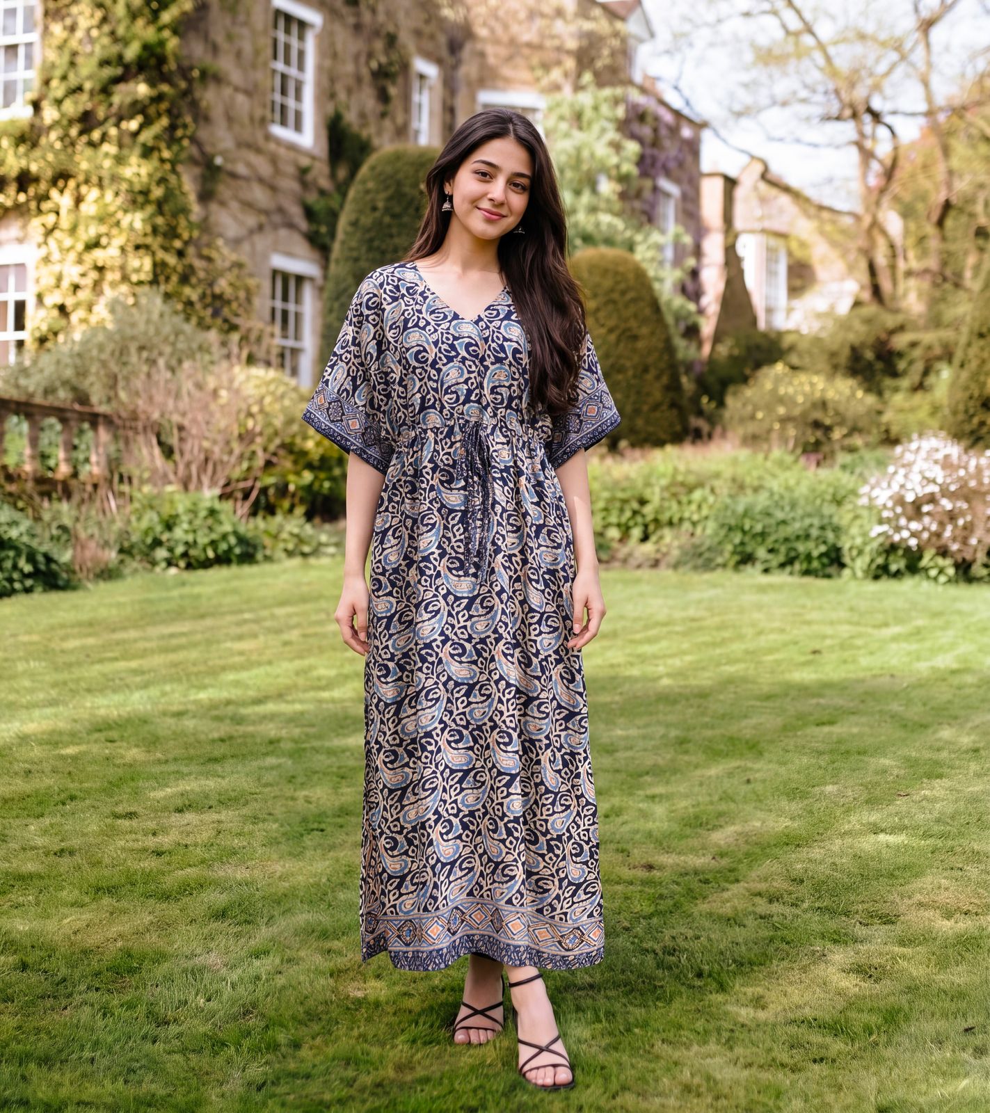 Blue Paisley Dress Drawstring-Waist Siobhan Kaftan With Butterfly Sleeves