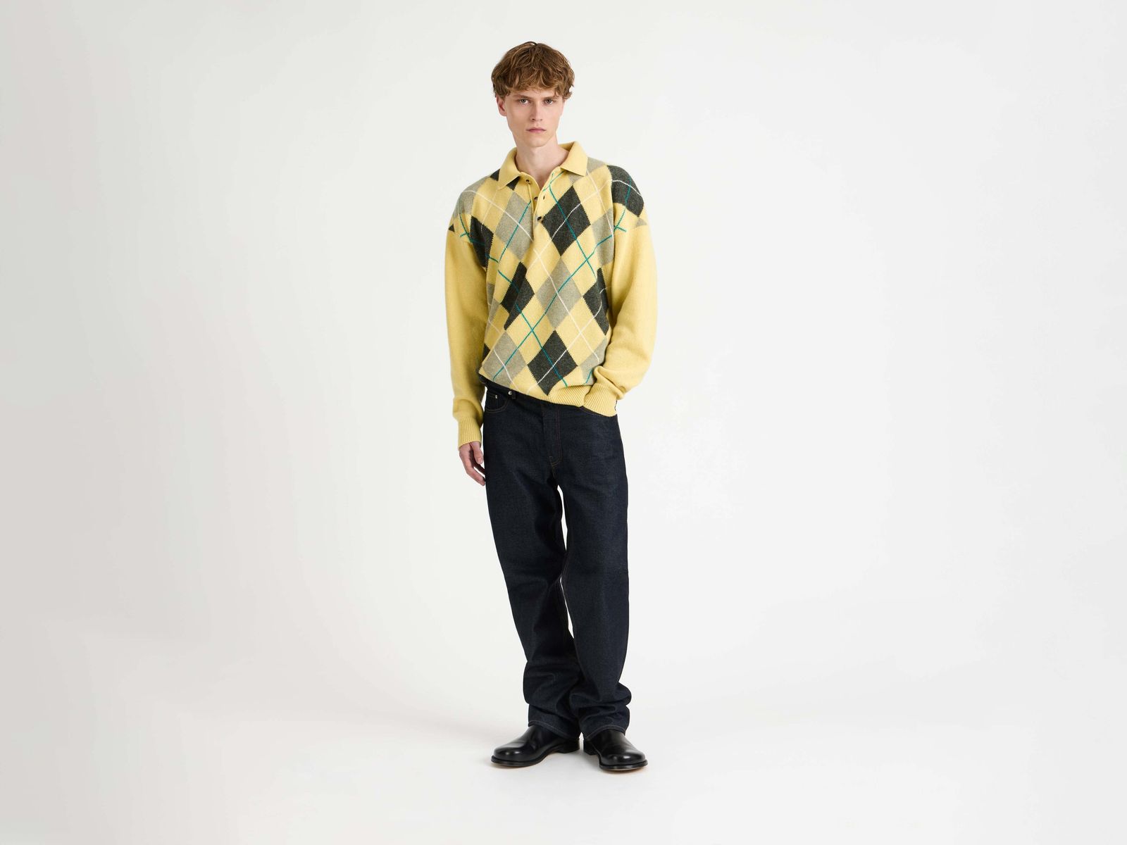 MENS JW ANDERSON X PRINGLE ARGYLE POLO TOP IN SOFT YELLOW