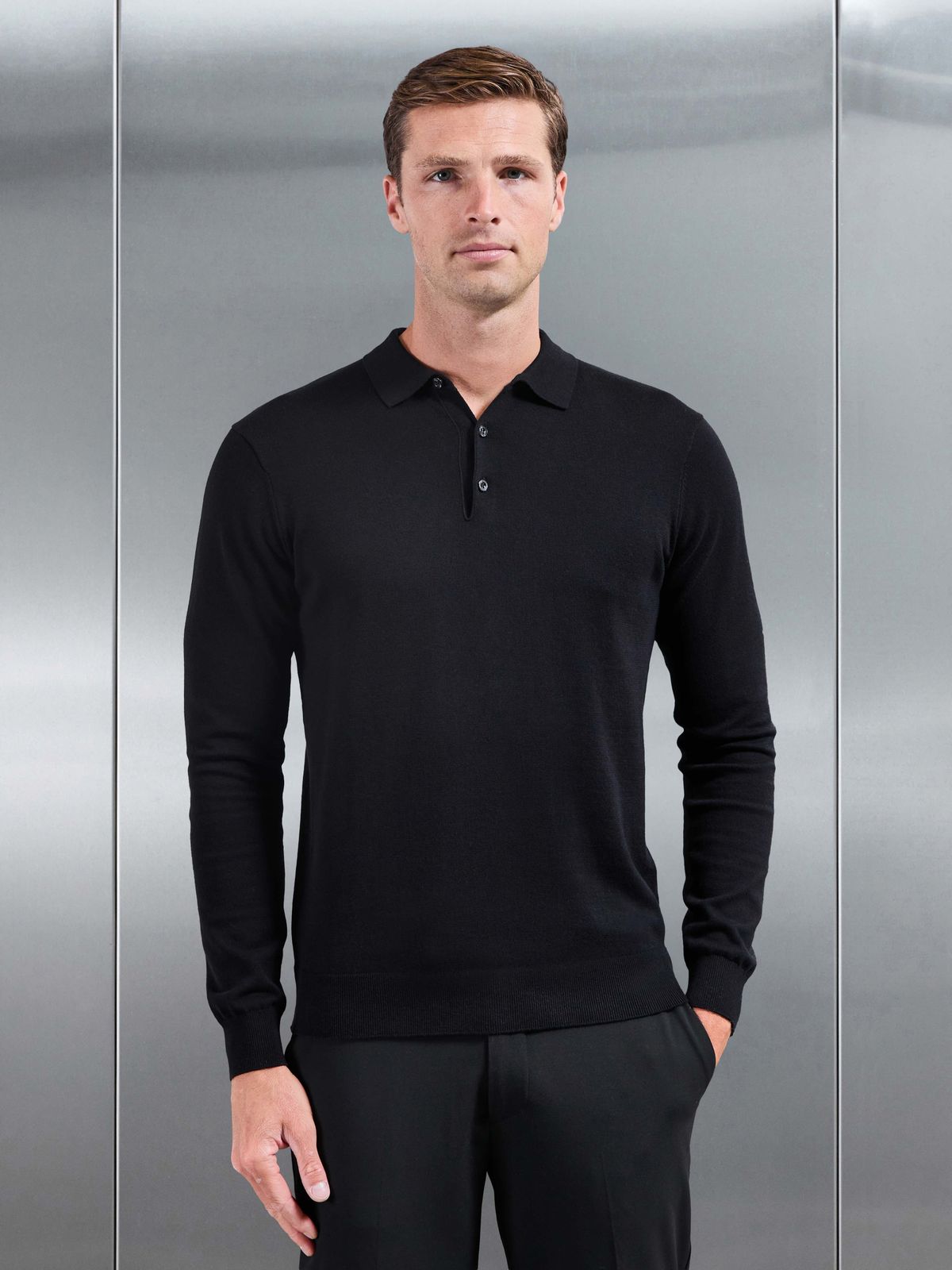 Cotton Knitted Long Sleeve Button Polo Shirt in Black