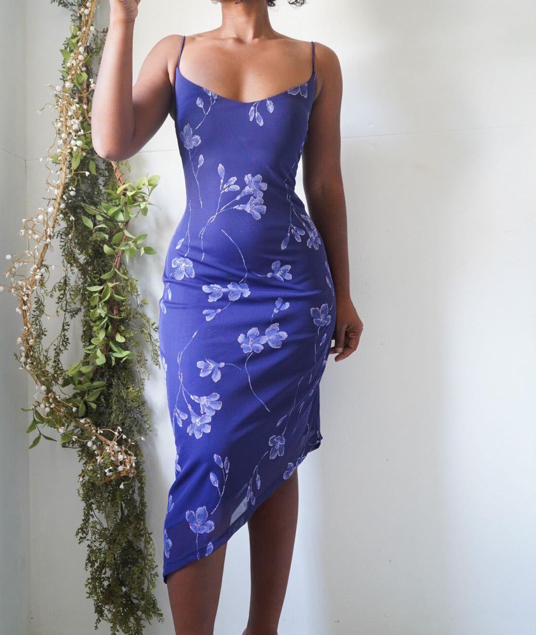 Y2K Navy Blue Sparkle Floral Midi Dress