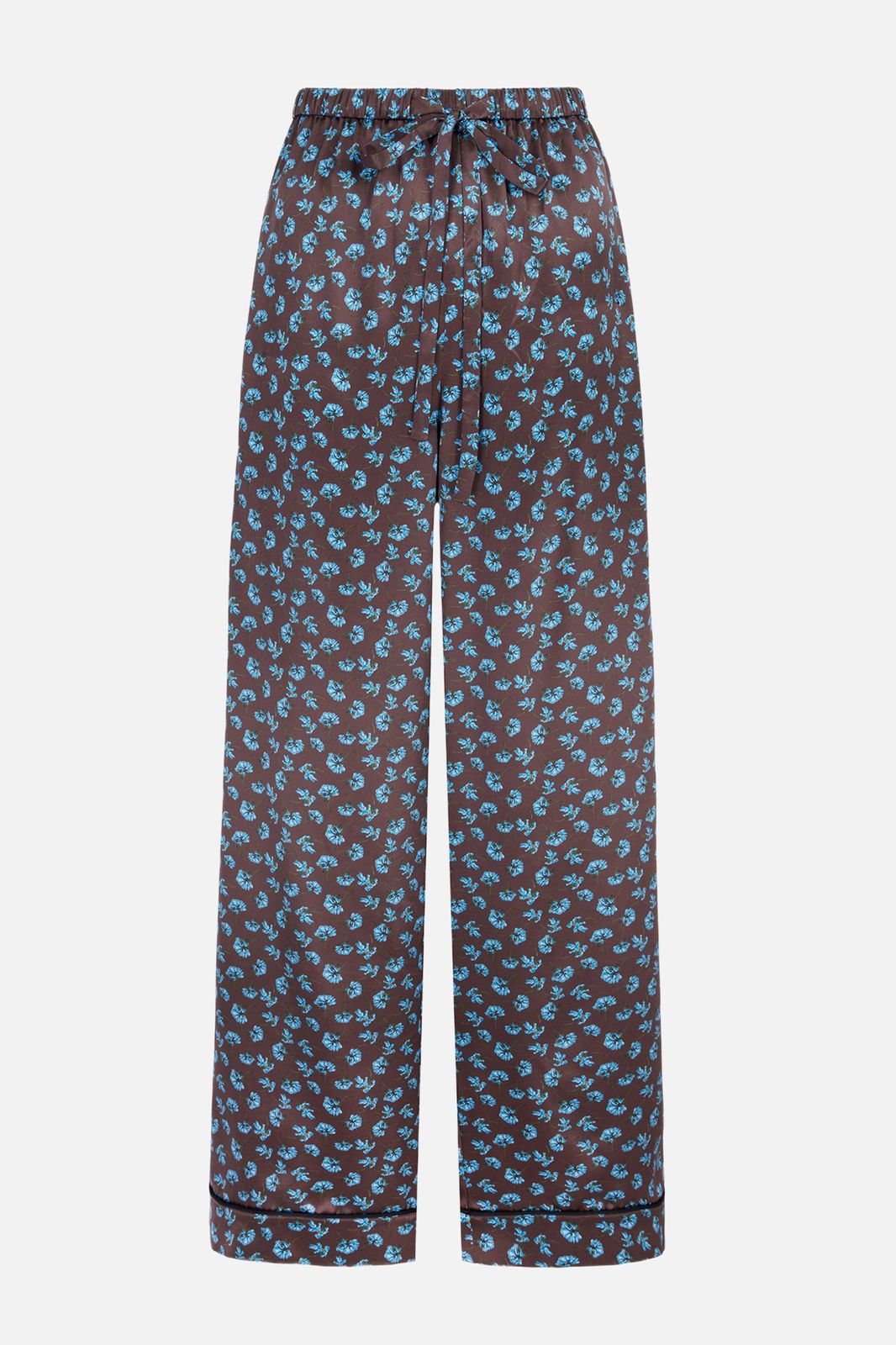 Ithaca Trousers In Ditsy Blue Marigold On Chocolate Silk Satin