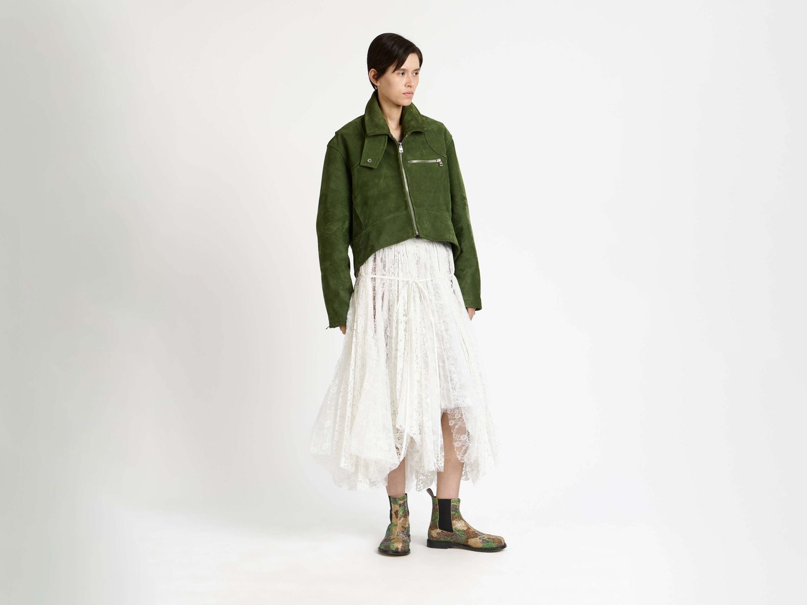 WOMENS CURVED HEM CROPPED BIKER JACKET IN KHAKI