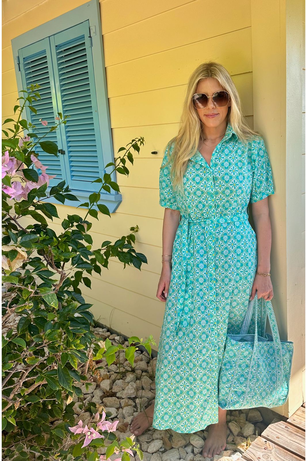 Cotton Maddie Dress in Turquoise & White Flower