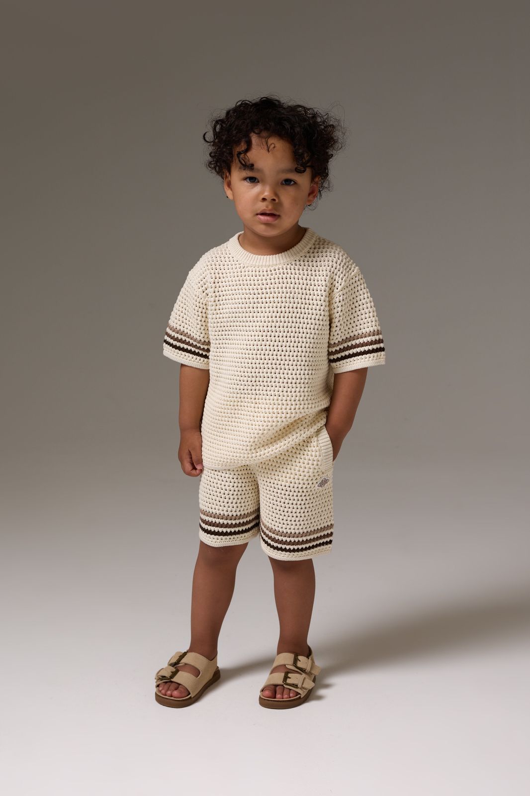 KIDS STRIPE CROCHET KNIT SHORTS - OFF WHITE