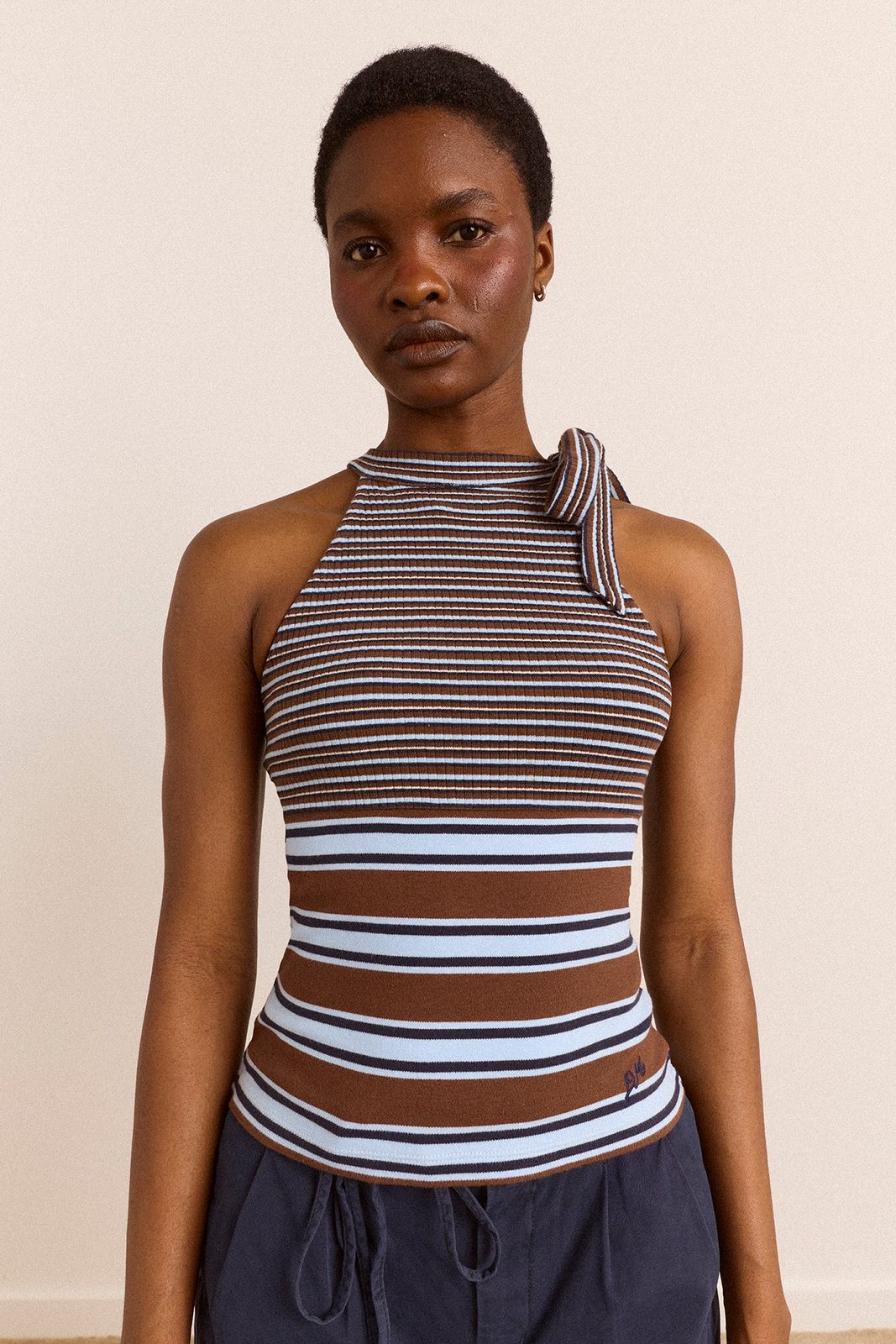 Oriana High Neck Tank - Blue Stripe