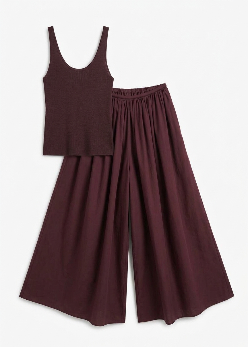 Gaeta Wide Corded Waistband Culottes - Burgundy