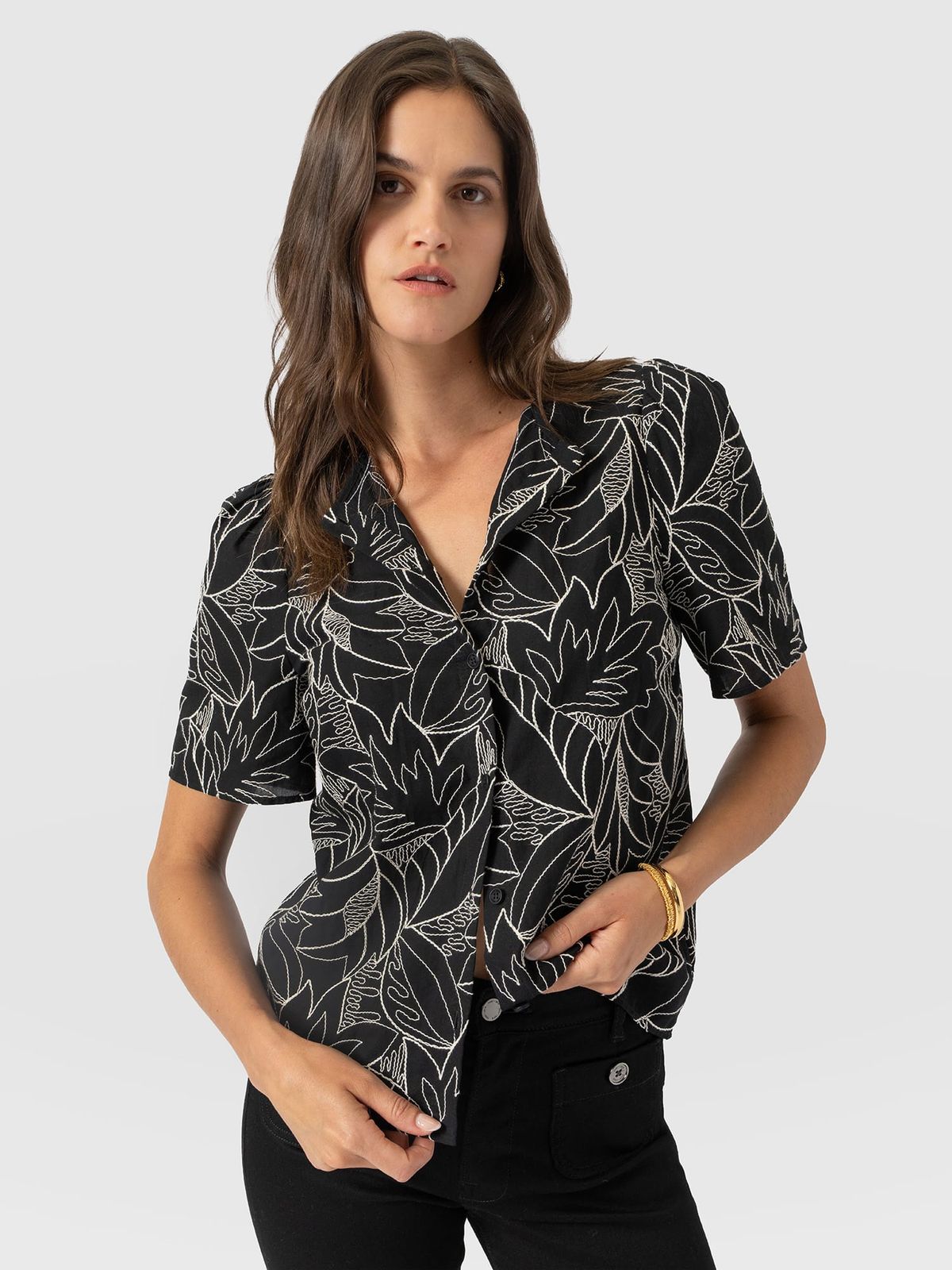 Tabitha Short Sleeve Blouse - Black Embroidered