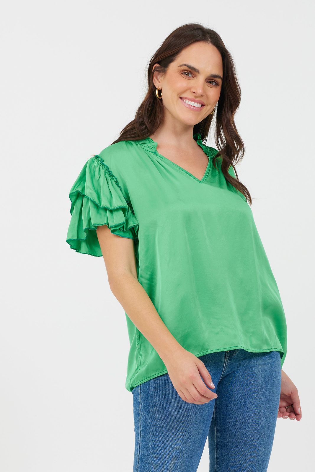 Pierce Satin Frill Sleeve Tee
