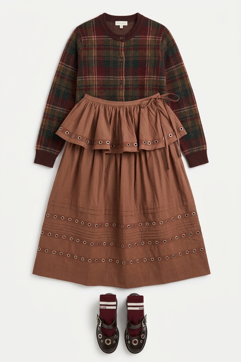 Anika Eyelet Skirt With Ruffle Belt- Tan