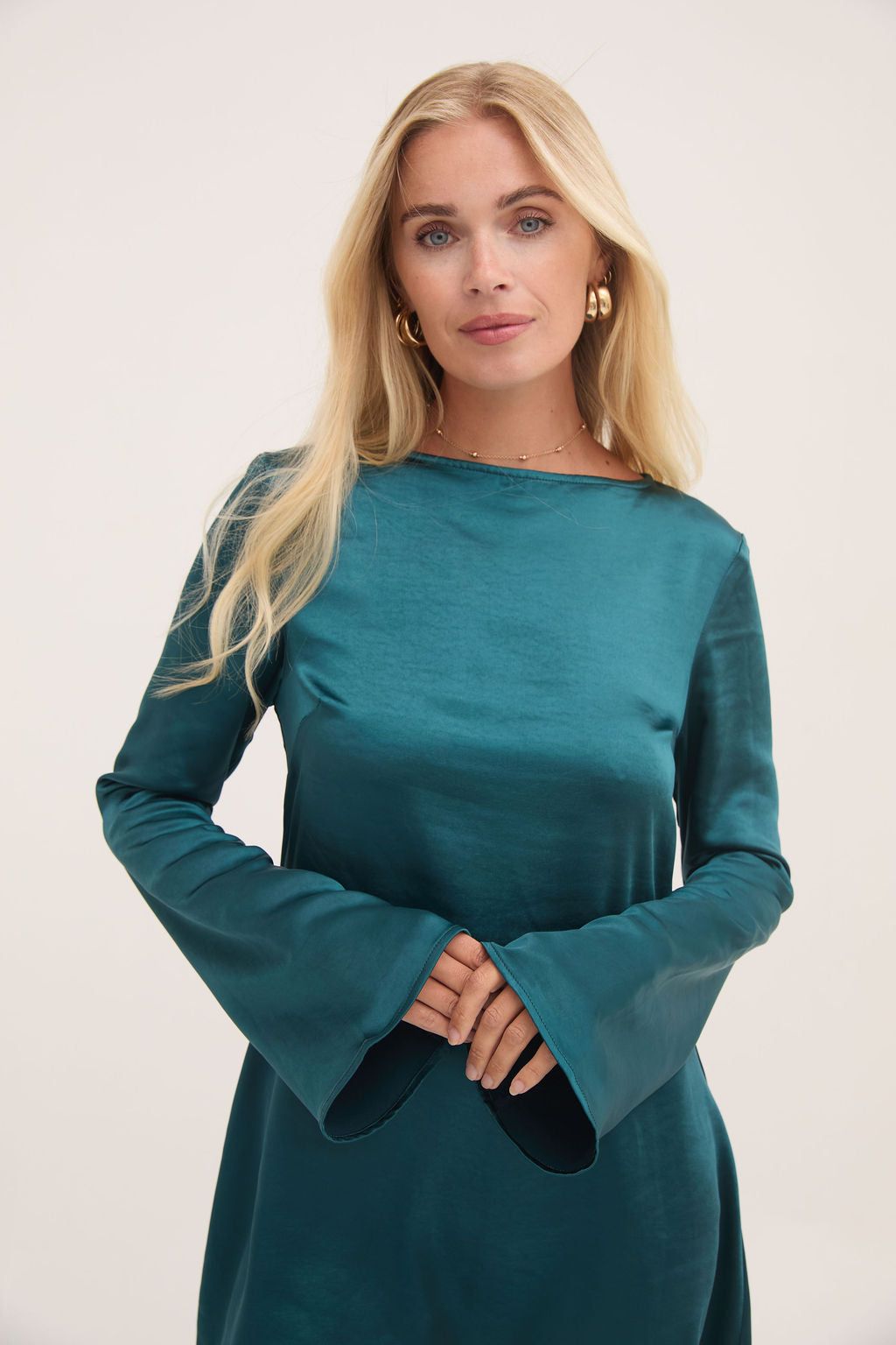 Dahlia Teal Fluted Sleeve Satin Dress