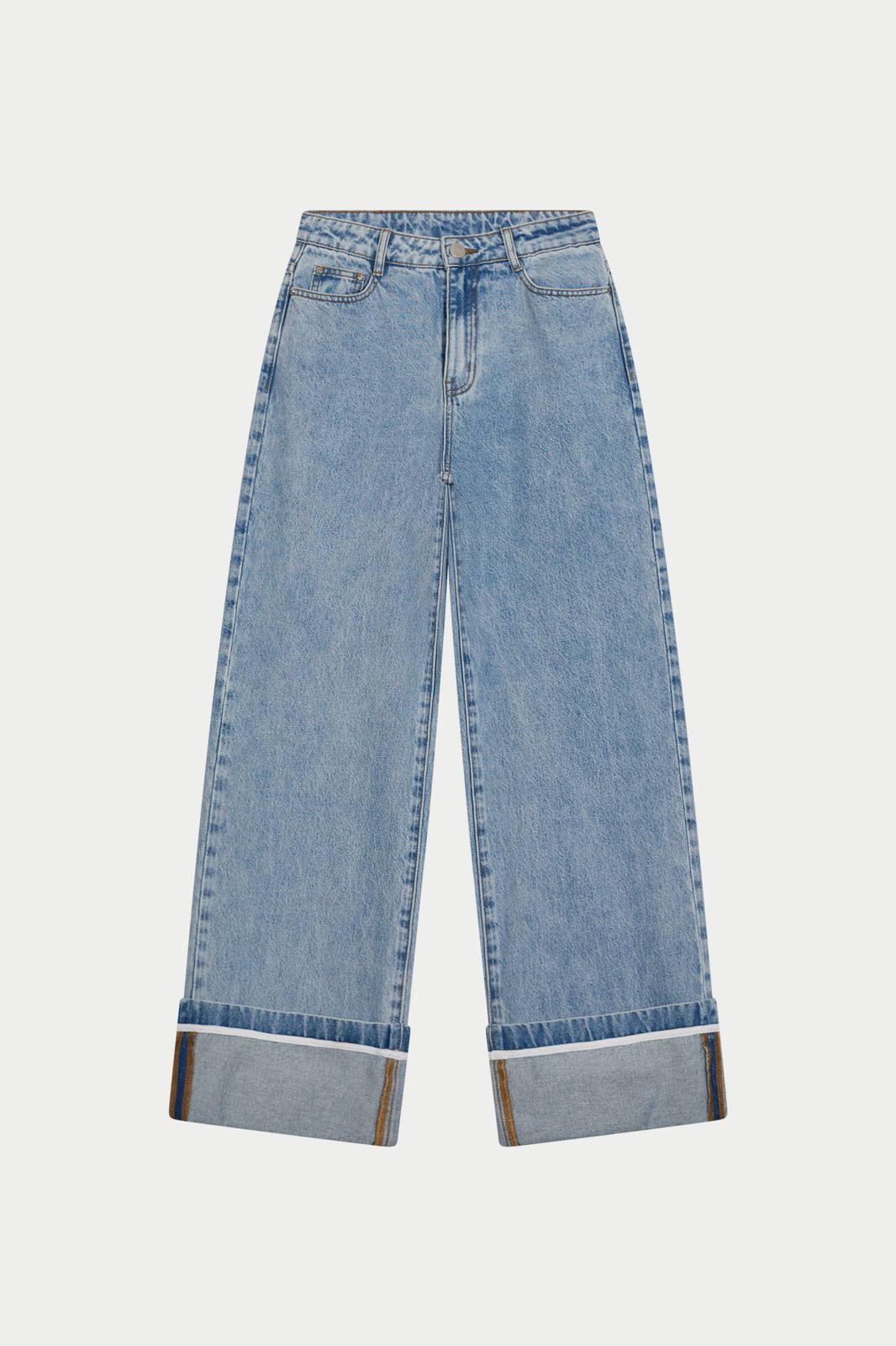TURN UP HEM WIDE LEG JEANS - MID BLUE WASH