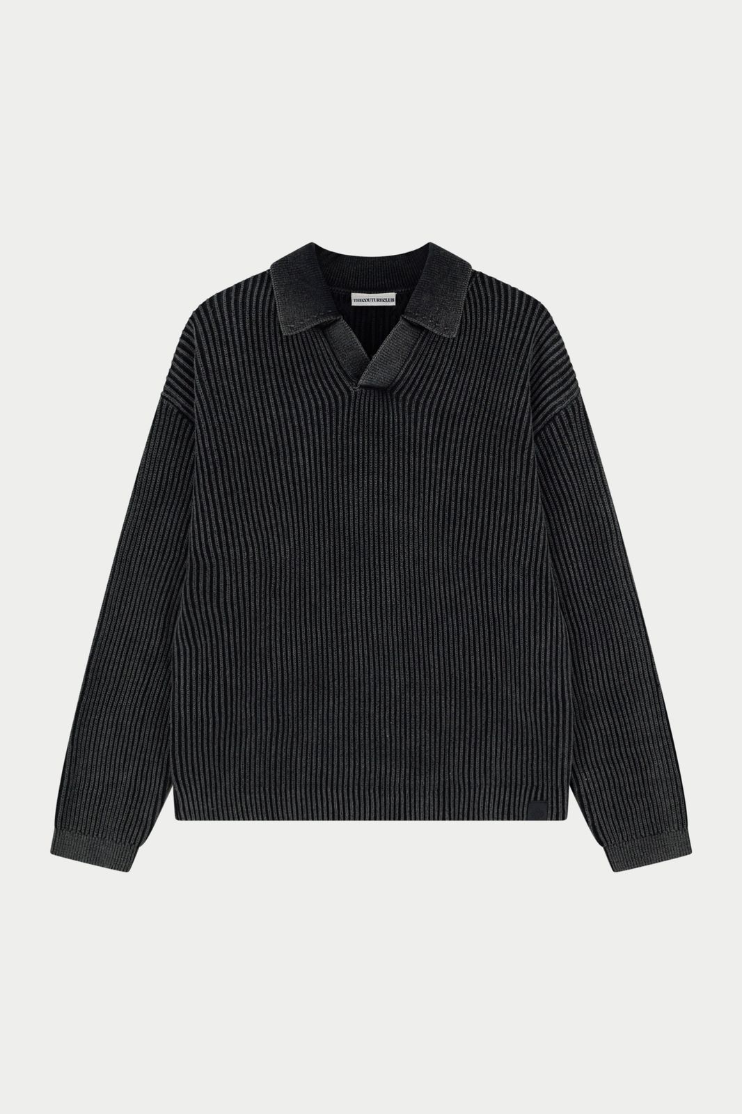 HEAVY WASHED RIB KNIT POLO - BLACK