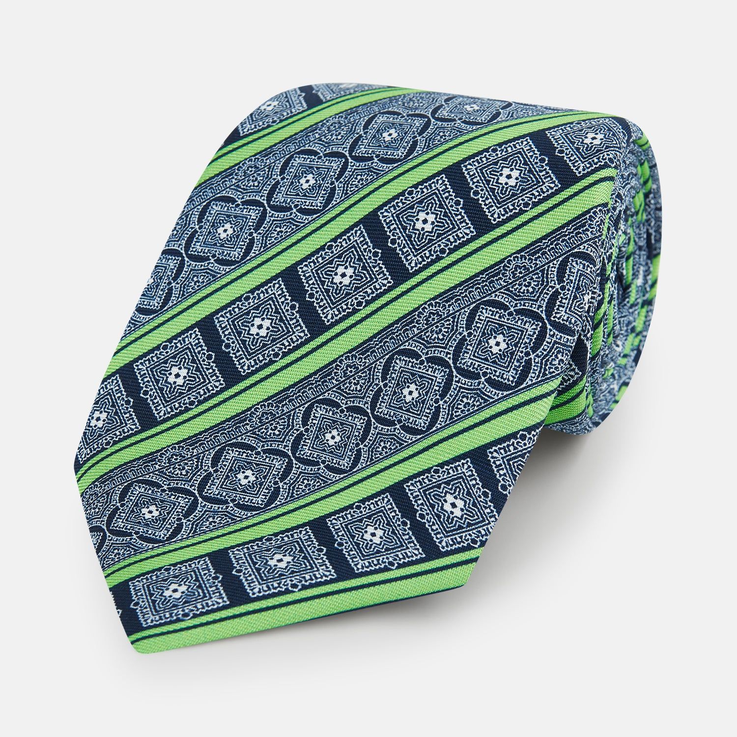 Navy and Green Medallion Bar Printed Silk Tie