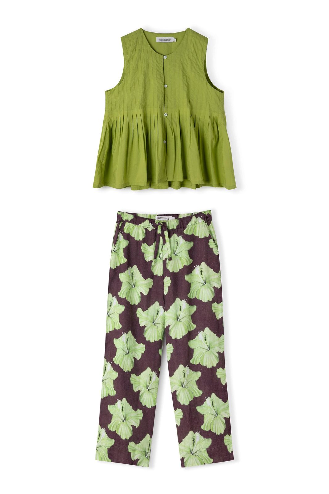 Pleated Cami And Pocket Trousers Set Plain/grand Hibiscus Print Cocoa/lime