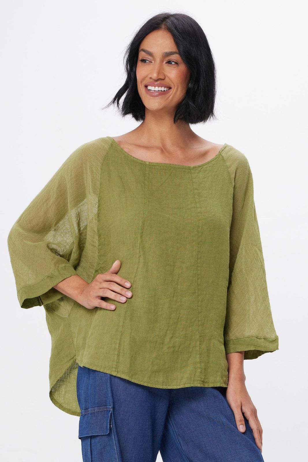 Sonny Linen Batwing Top With Sheer Sleeves