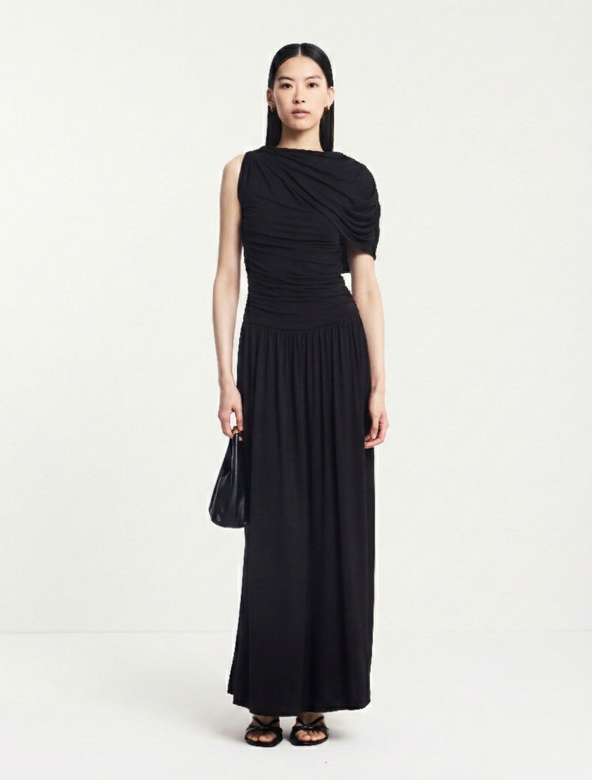 Mila Asymmetrical Caped Shoulder Maxi Dress in Black