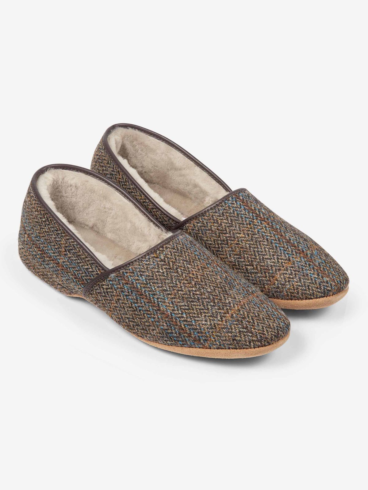Crawford Harris Tweed & Sheepskin Slippers Beige Herringbone Check