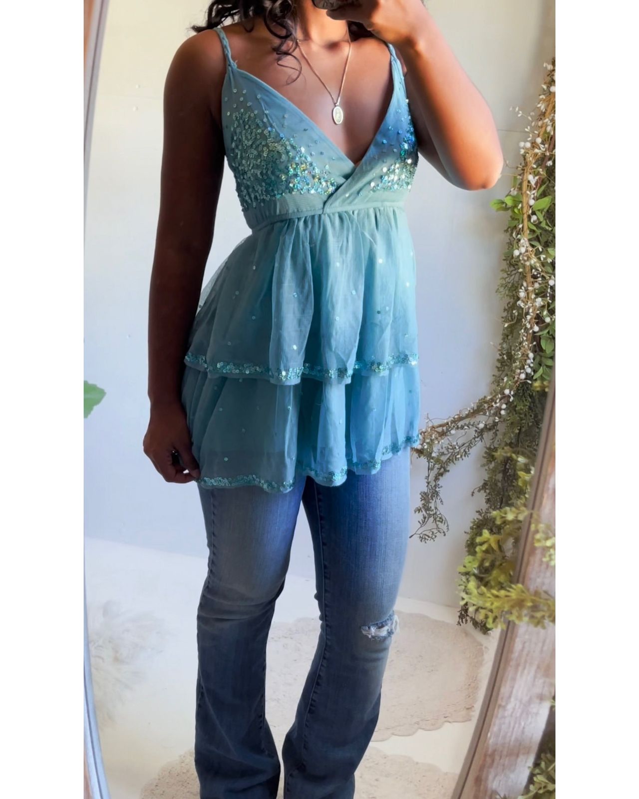 Rare Y2K Sequin Mesh Fairy Babydoll Top