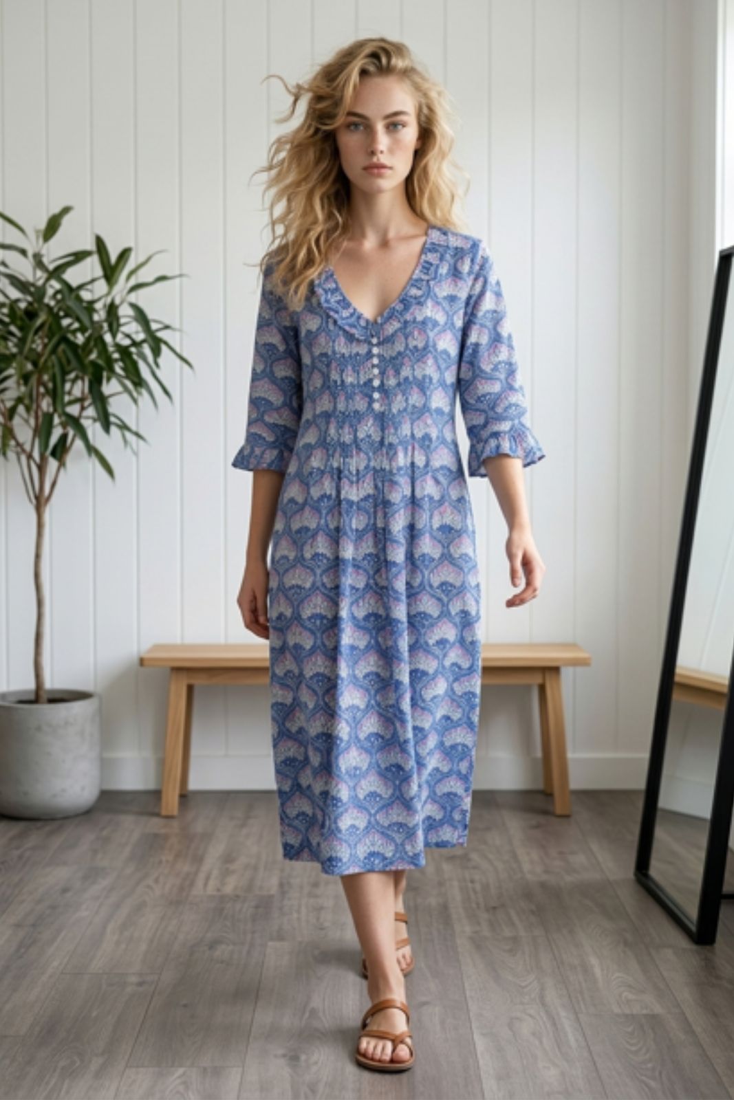 Cotton Karen 3/4 Sleeve Day Dress in Wedgewood Blue & Pink