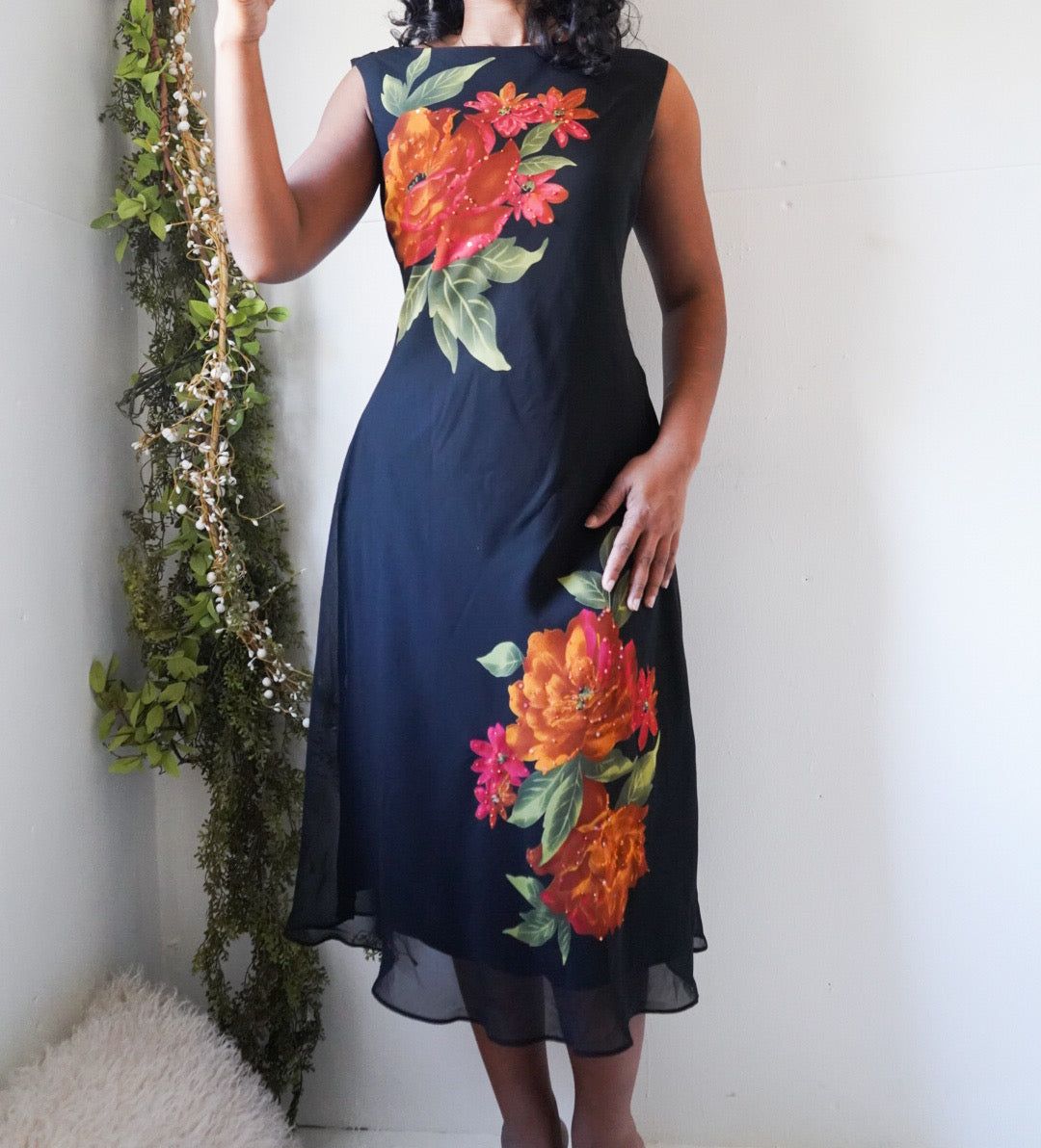 Vintage Floral Cowl Back Midi Dress