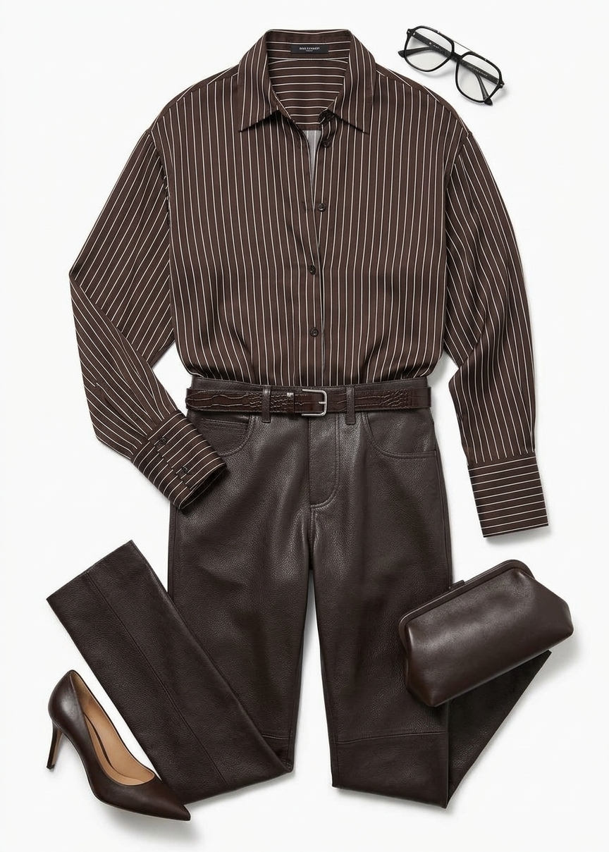 Peri Satin Fluid Shirt - Brown/white Pinstripe