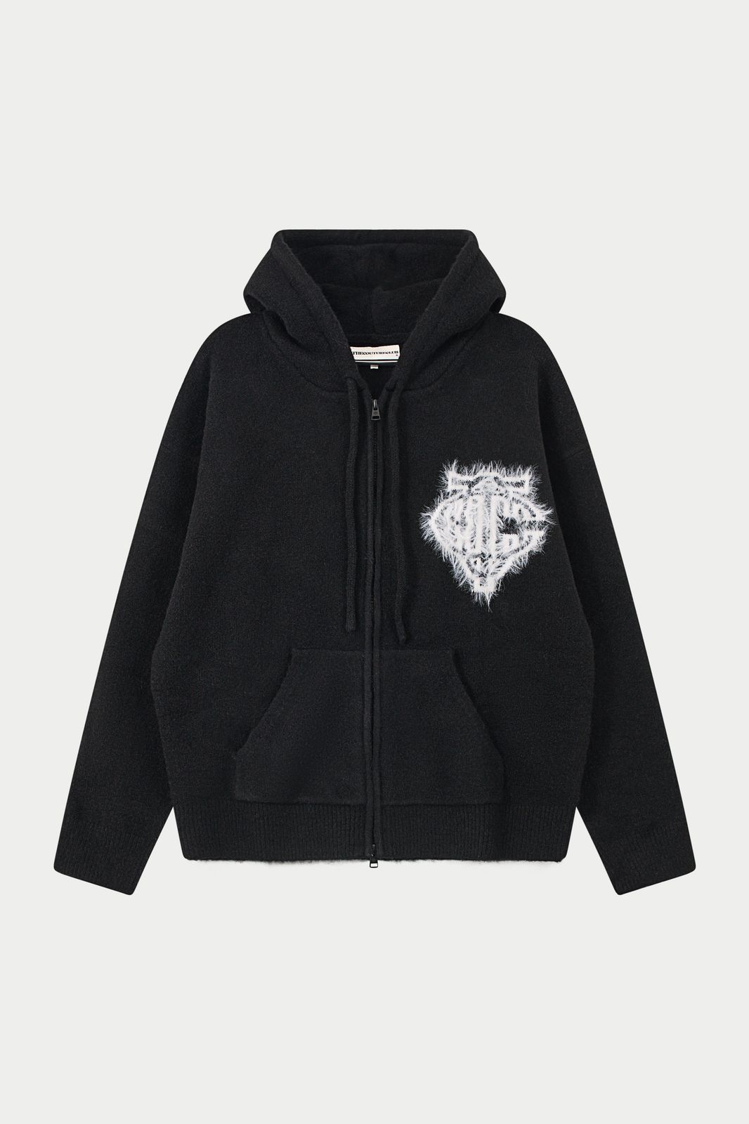 MONOGRAM FLUFFY KNIT ZIP THROUGH HOODIE - BLACK