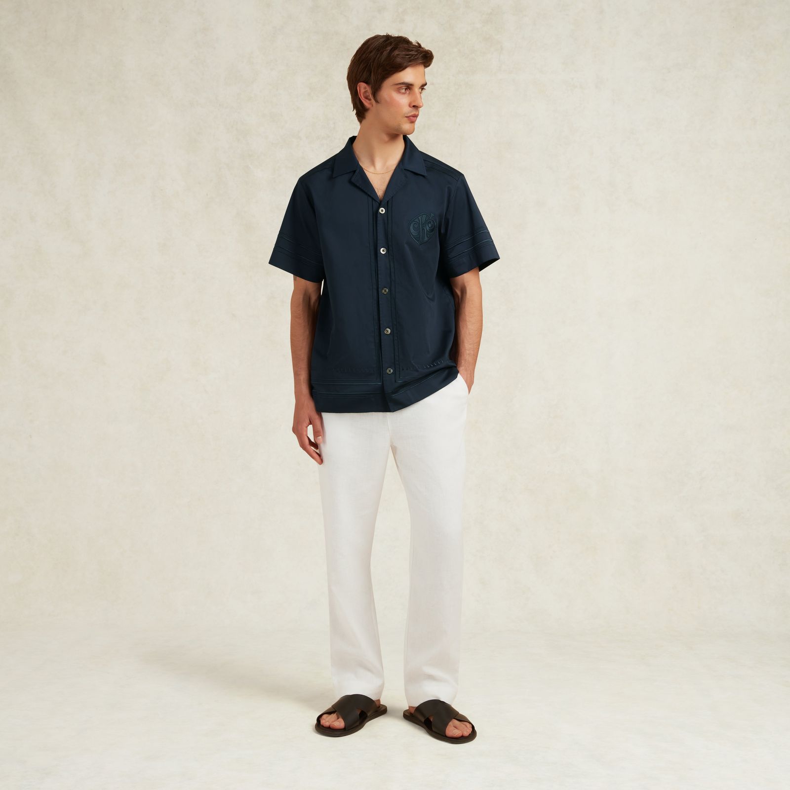 PALMES EMBROIDERED COTTON SHIRT - NAVY