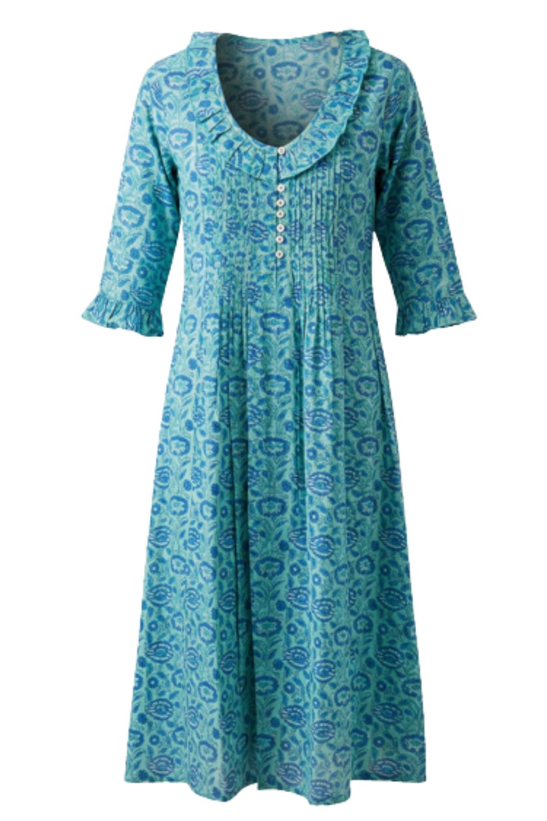 Cotton Karen 3/4 Sleeve Day Dress In Seagreen
