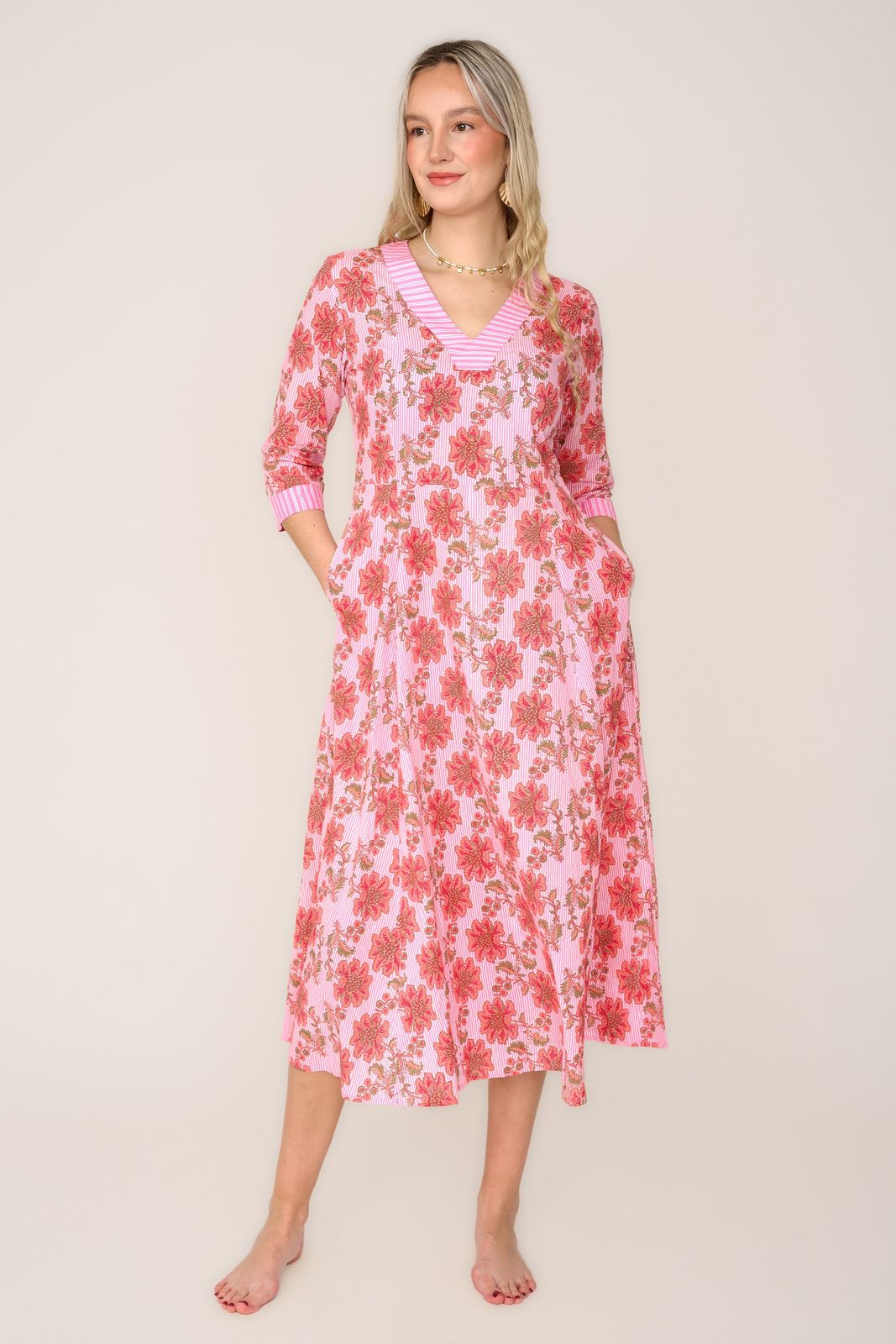 Cotton Rhonda Midi Dress in Pink Pinstripe