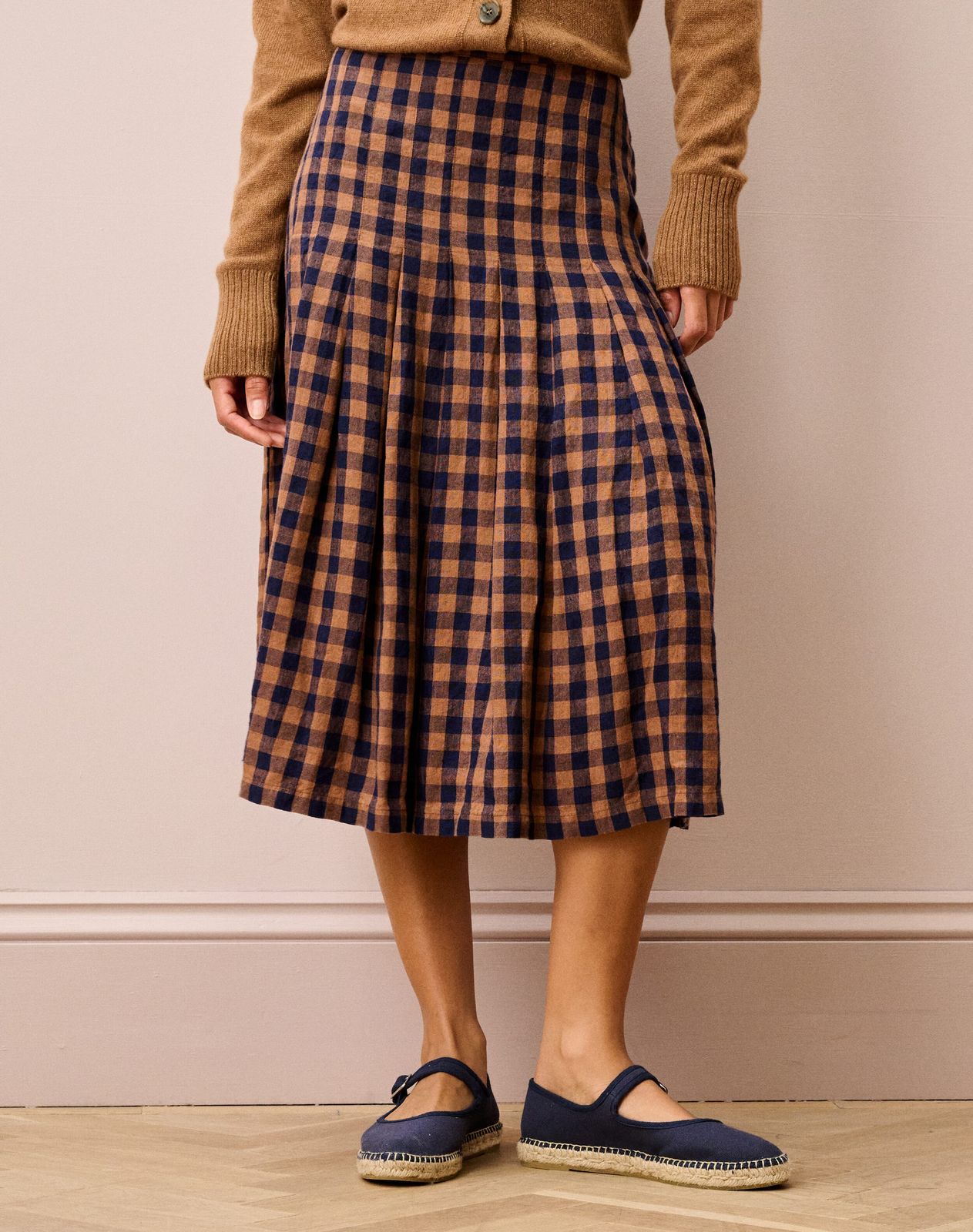 Gingham Linen Pleated Skirt