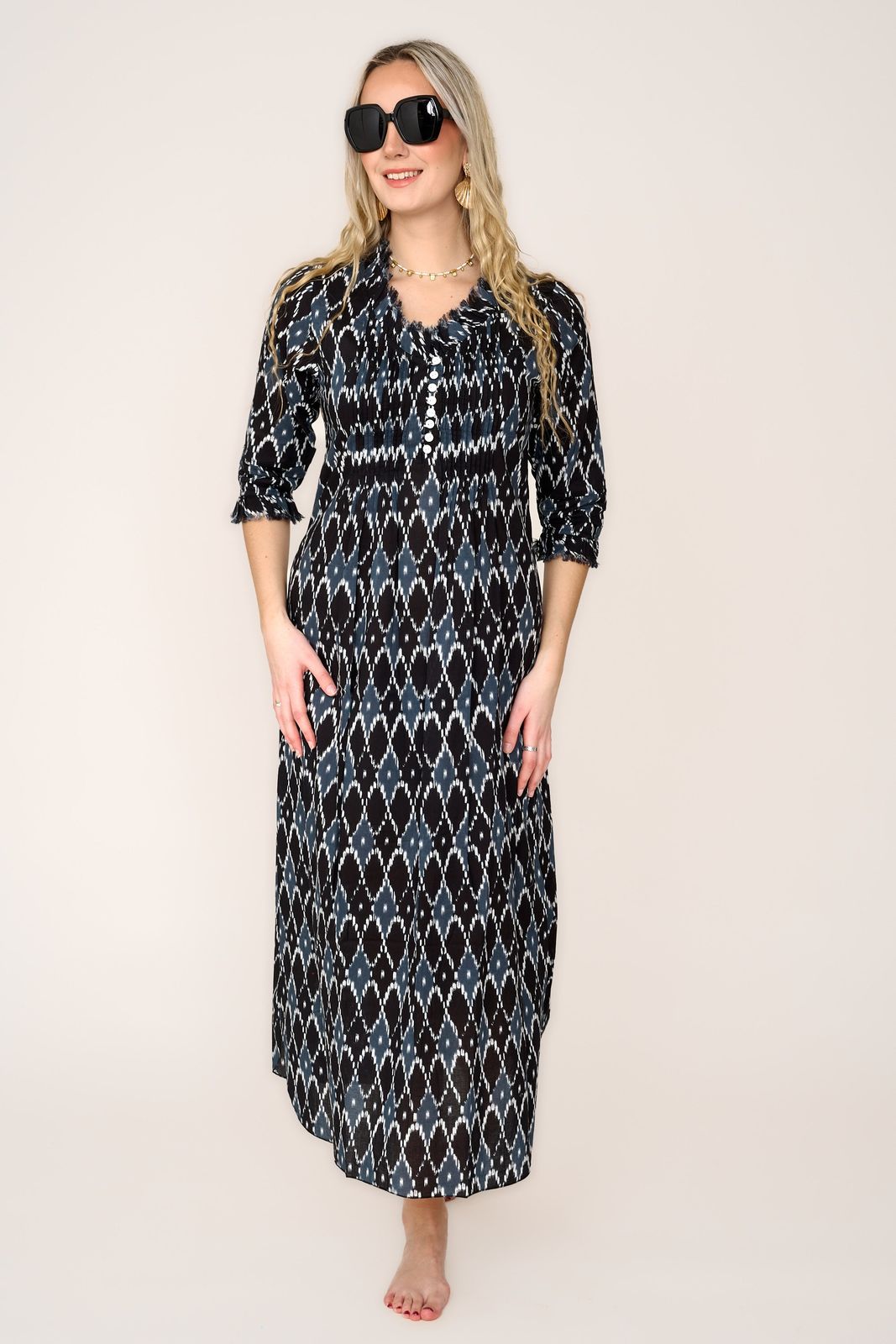 Cotton Annabel Maxi Dress in Black & Grey Diamond