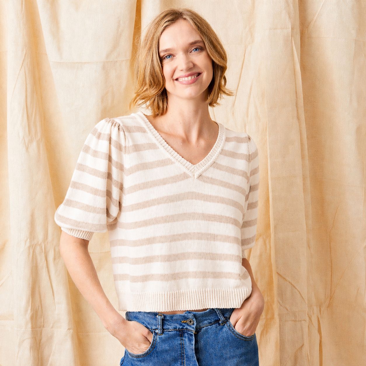 Felora Stripe Bubble Sleeve Knit Sweater