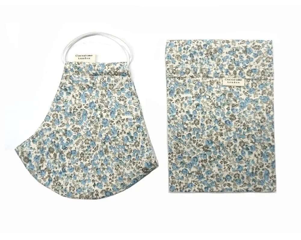 Cotton Face Mask with Filter Pocket and Matching Pouch - Laura Blue