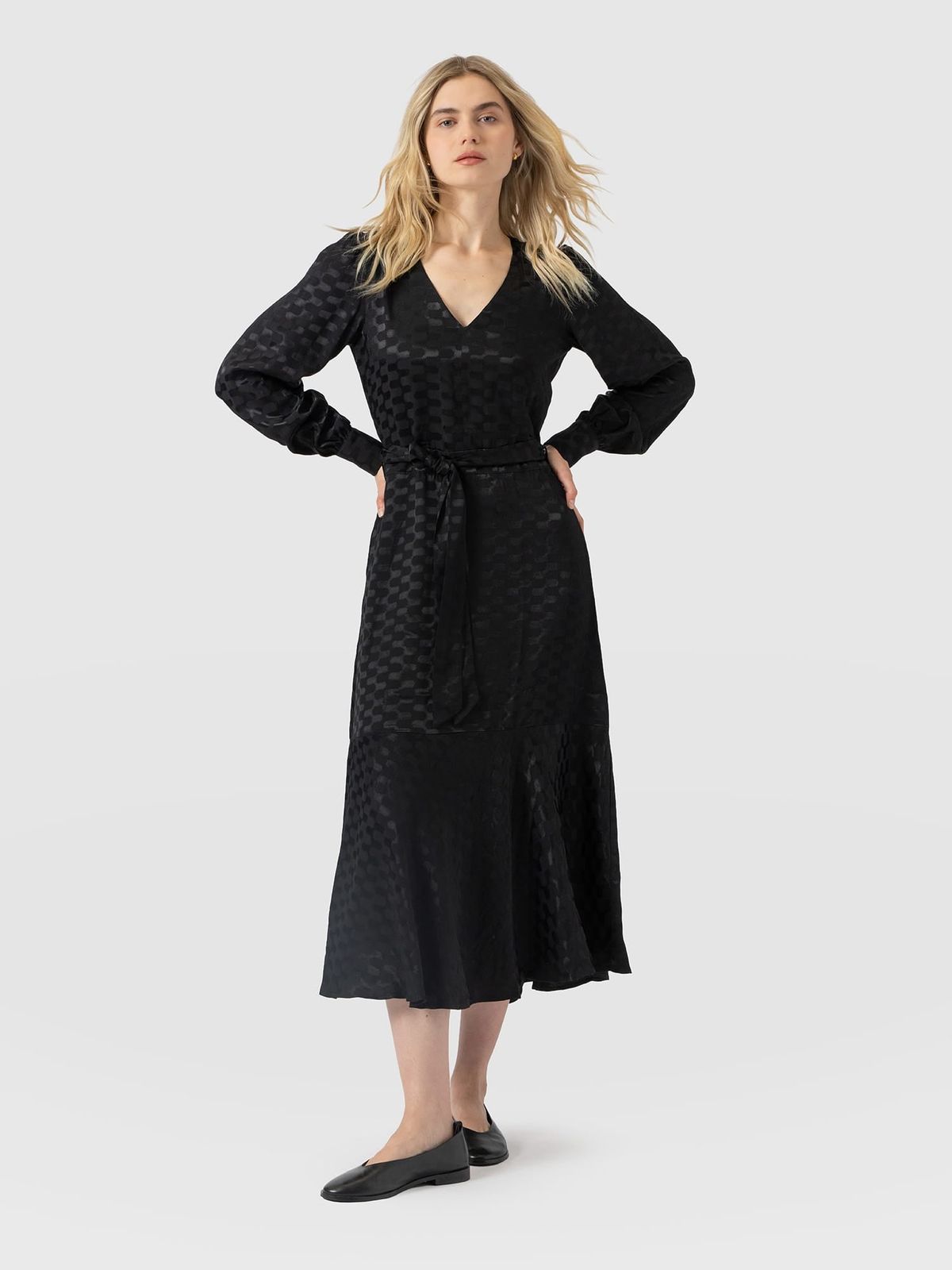 Allegra V Neck Dress - Black Jacquard