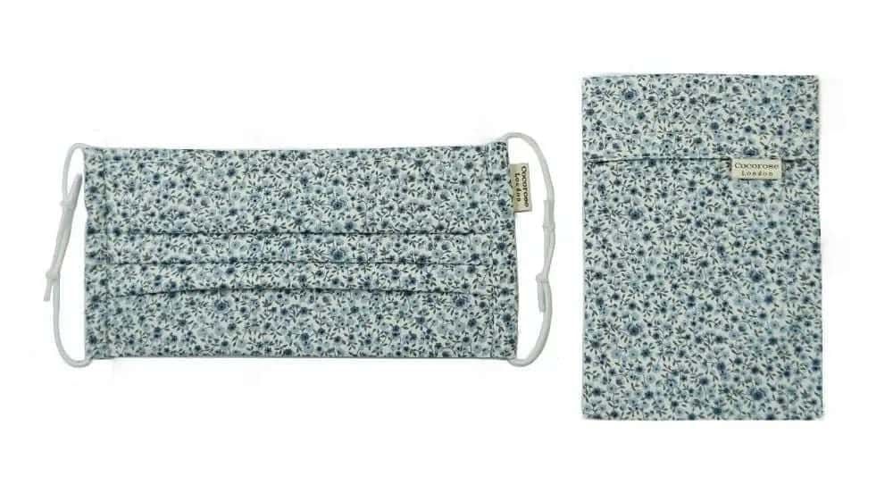 Pleated Cotton Face Mask with Nose Wire and Matching Pouch - Sara Blue
