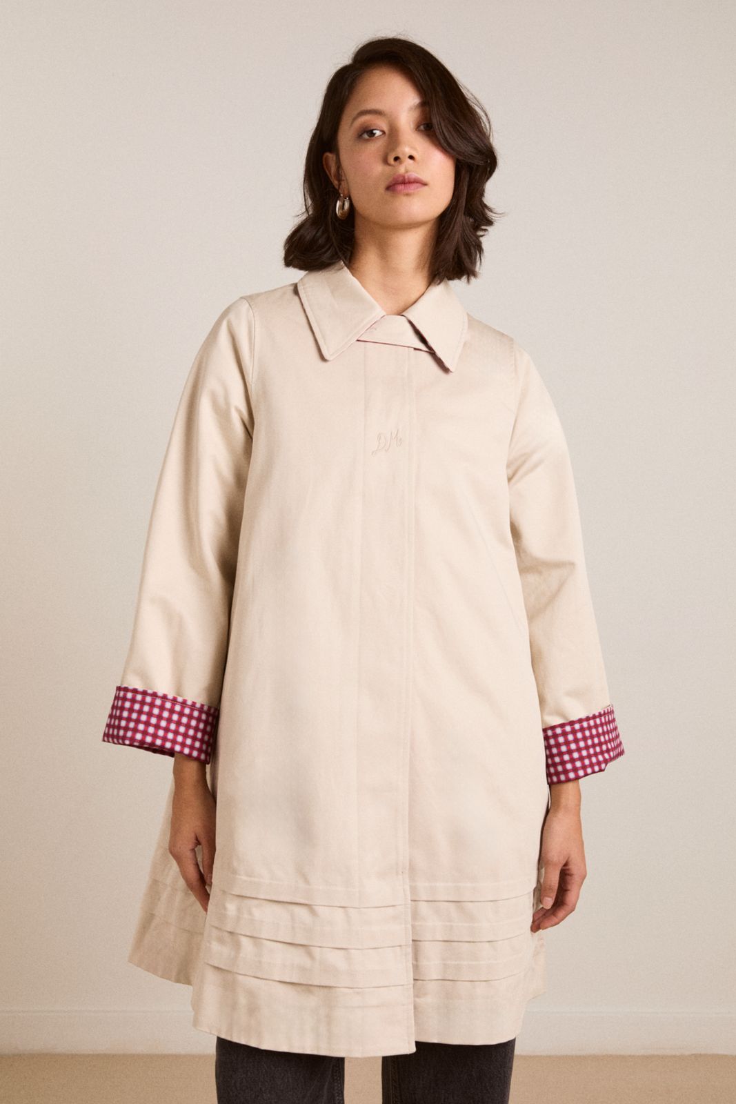 Mercedes Bow Reversible Trench - Gingham & Ecru